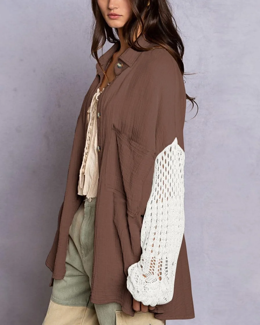 شومیز زنانه چویا تو، بافت قلاب بافی، آستین فانوسی، دکمه دار، طرح رنگی، مدل بوهو، سایز بزرگ (کوچک، قهوه ای قهوه ای), قهوه ای قهوه ای, S