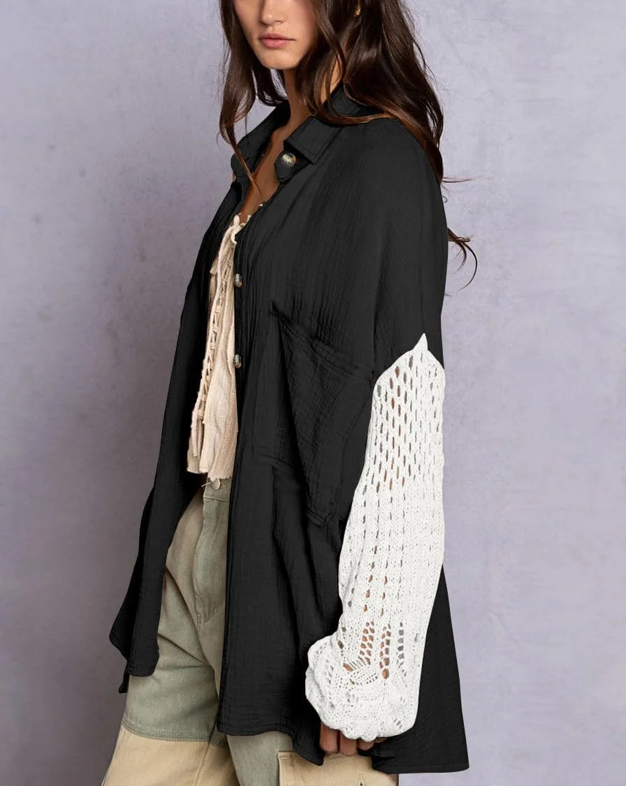 چویاتو بلوز زنانه قلاب بافی شده آستین فانوسی دکمه دار طرح رنگی بوهو سایز بزرگ (بزرگ، مشکی)، مشکی، L