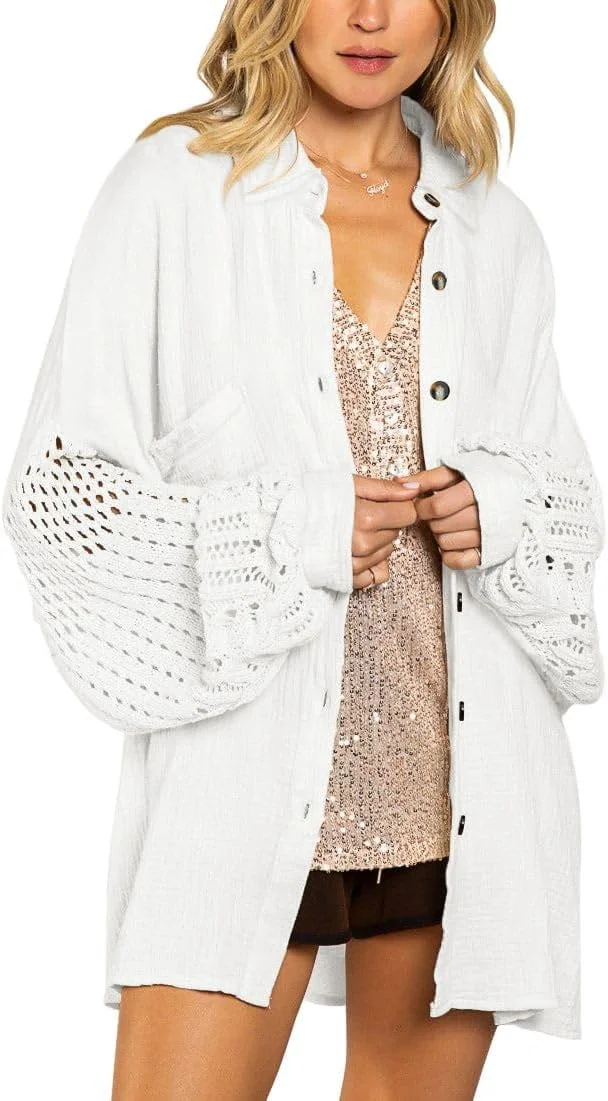 بلوز زنانه چویاوتو، آستین فانوسی قلاب بافی، دکمه دار، طرح رنگی بوهو، سایز بزرگ (سفید، مدیوم)، سفید، M