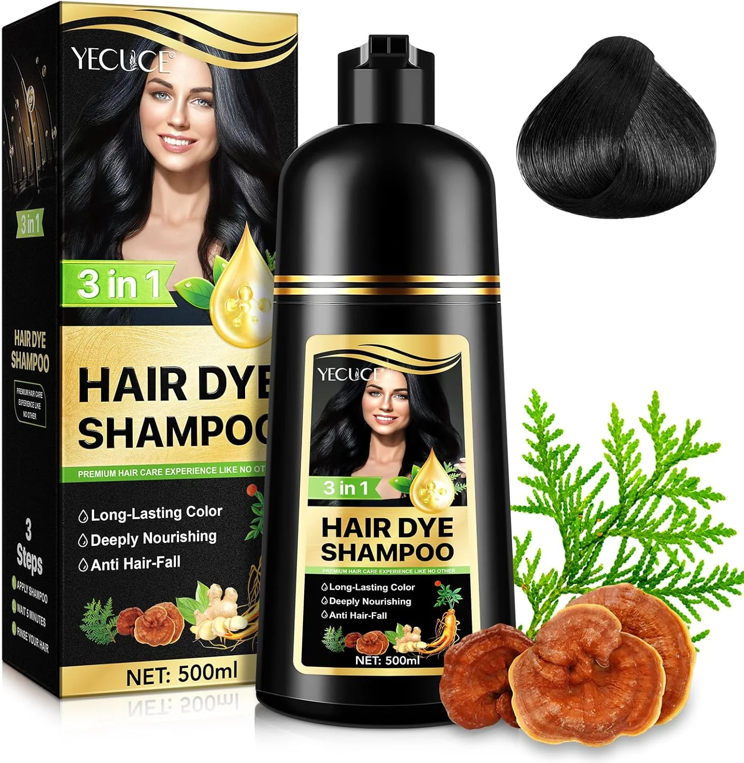شامپو رنگ مو برای موهای سفید، شامپو رنگ مو، شامپو رنگ مو فوری برای آقایان و بانوان - مراقبت از موی طبیعی و ماندگار، شامپو رنگ مو گیاهی 3 در 1، 500 میلی لیتر، مشکی