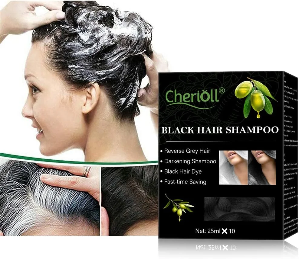 شامپو رنگ مو مشکی Cherioll، بسته 10 عددی شامپو رنگ مو، مناسب موهای چرب، شامپو موی مشکی، شامپو موی مشکی، رنگ موی مشکی دائمی با عصاره زنجبیل و گیاهان دارویی برای بهبود رشد ریشه مو