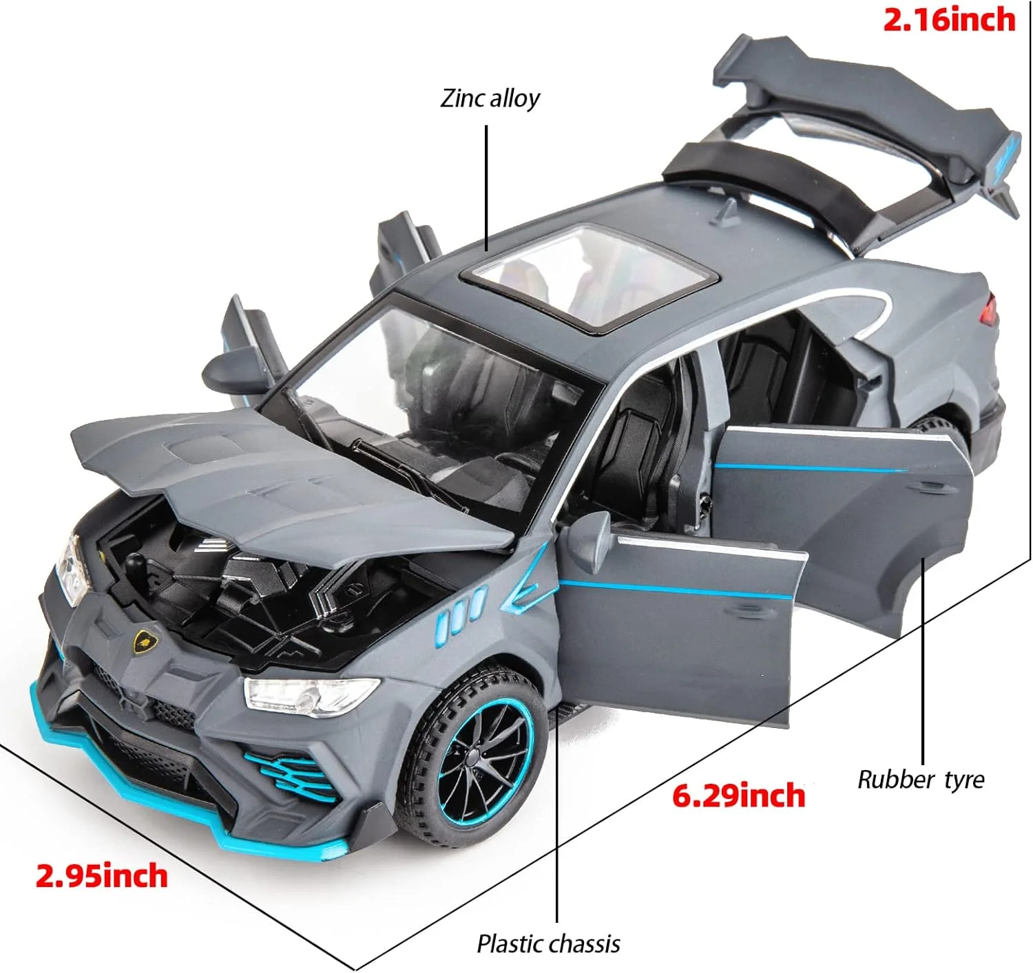 مدل ماشین Lamborghini Urus WAKAKAC مقیاس 1/32، کلکسیونی، عقب کش، با نور و صدا، اسباب بازی برای کودکان بالای 3 سال، هدیه پسرانه - خاکستری