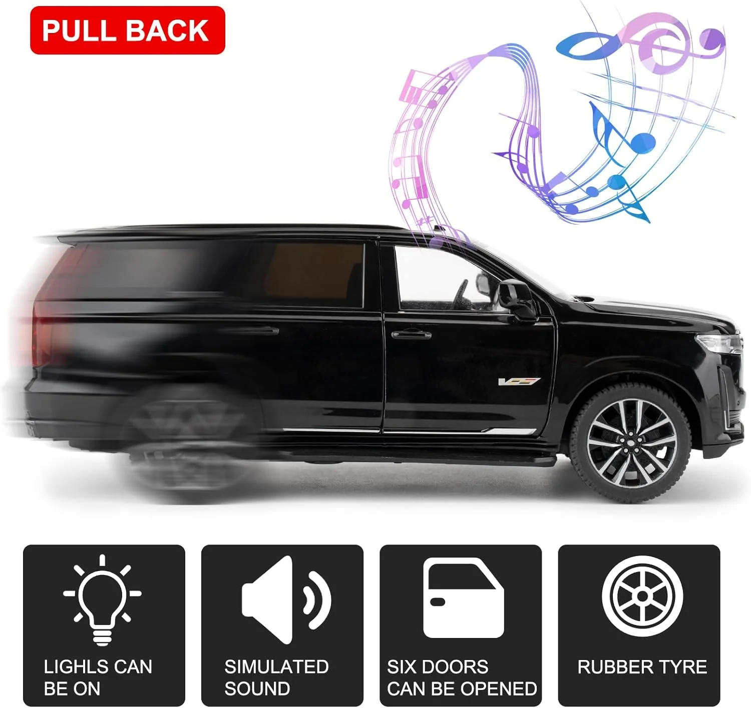 WAKAKAC - ماشین اسباب بازی سازگار با ماشین های Escalade مدل 1:24 SUV آلیاژی با صدا و نور برای پسران دختران بزرگسالان مشکی