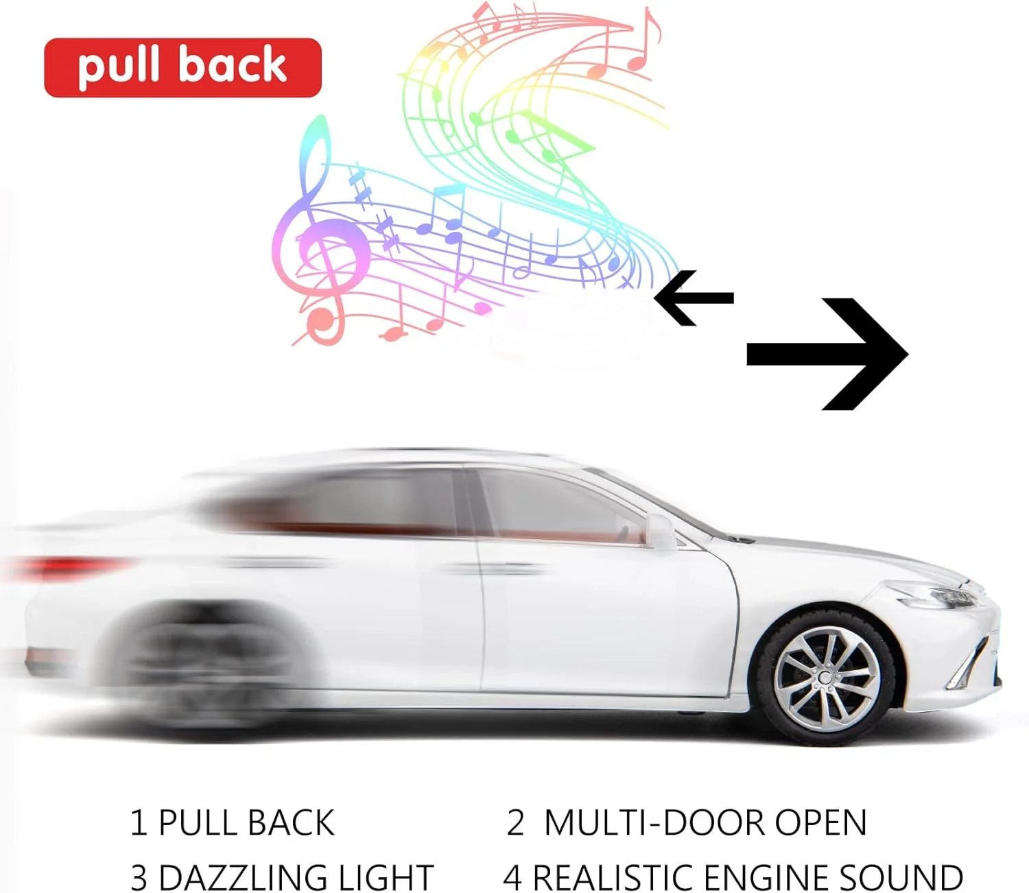 ماکت ماشین WAKAKAC مدل لکسوس ES300، مقیاس 1/24، آلیاژی، کلکسیونی، اسباب بازی با نور و صدا، درب ها بازشو، مناسب هدیه برای پسران و کودکان نوپا - سفید