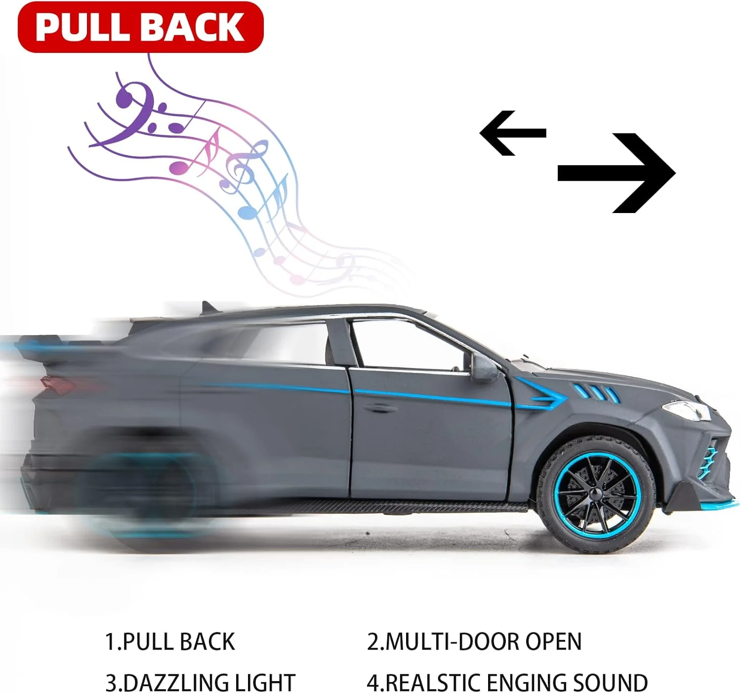 مدل ماشین Lamborghini Urus WAKAKAC مقیاس 1/32، کلکسیونی، عقب کش، با نور و صدا، اسباب بازی برای کودکان بالای 3 سال، هدیه پسرانه - خاکستری