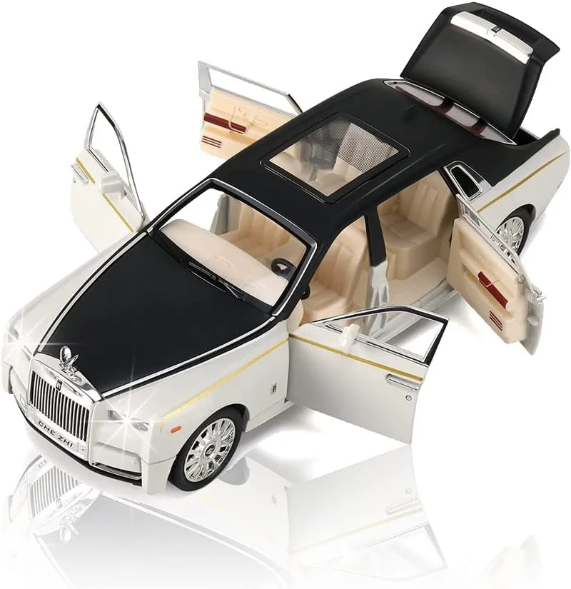 ماشین اسباب بازی فلزی مدل رولز رویس فانتوم با صدا و نور - طراحی کلاسیک درب خودرو مناسب کودکان 3 تا 7 سال | برای پسران و دختران (سفید)