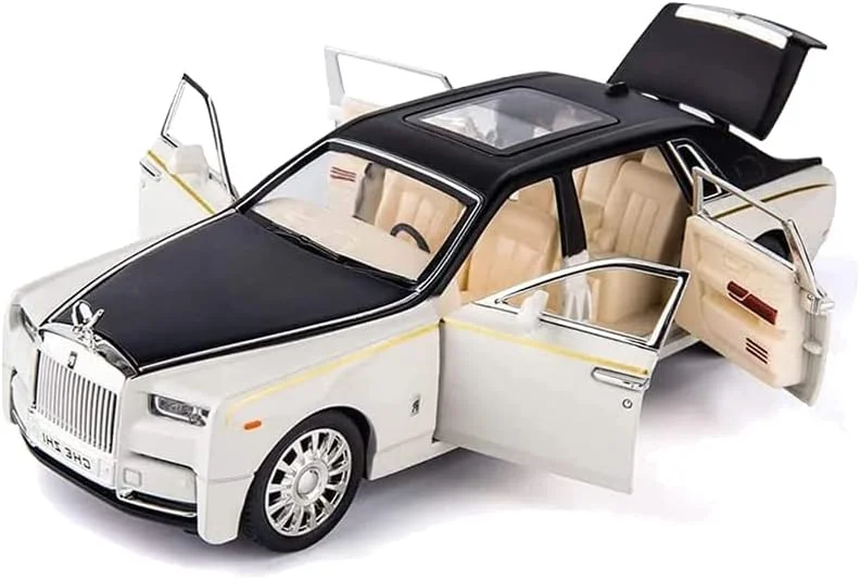 ماشین اسباب بازی فلزی مدل رولز رویس فانتوم با صدا و نور - طراحی کلاسیک درب خودرو مناسب کودکان 3 تا 7 سال | برای پسران و دختران (سفید)