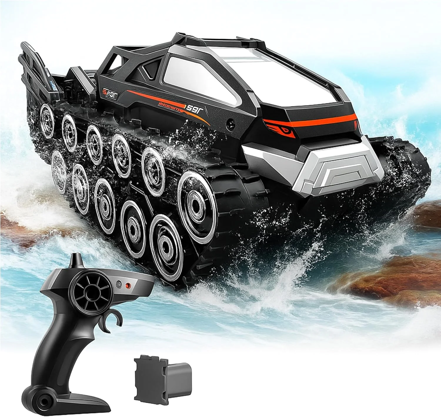 ماشین کنترلی دوزیست Taizz Venture، کامیون هیولا آرسی ضد آب 4WD با فرکانس 2.4 گیگاهرتز، ماشین قایق آفرود برای تمام سطوح، اسباب بازی خزنده تانک با قابلیت چرخش 360 درجه، هدیه تولد برای پسران و دختران (مشکی)