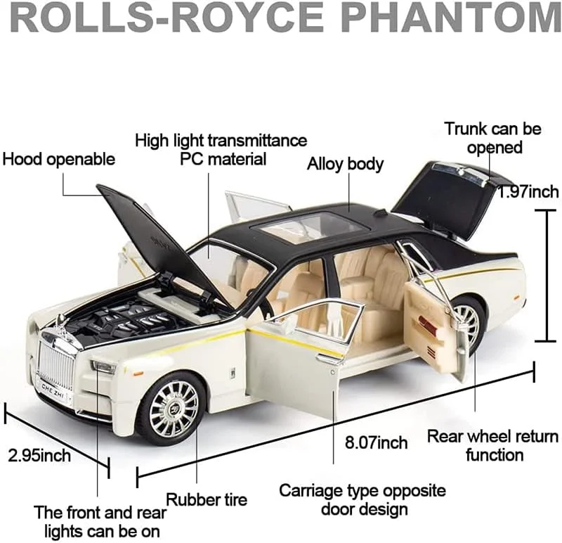 ماشین اسباب بازی فلزی مدل رولز رویس فانتوم با صدا و نور - طراحی کلاسیک درب خودرو مناسب کودکان 3 تا 7 سال | برای پسران و دختران (سفید)
