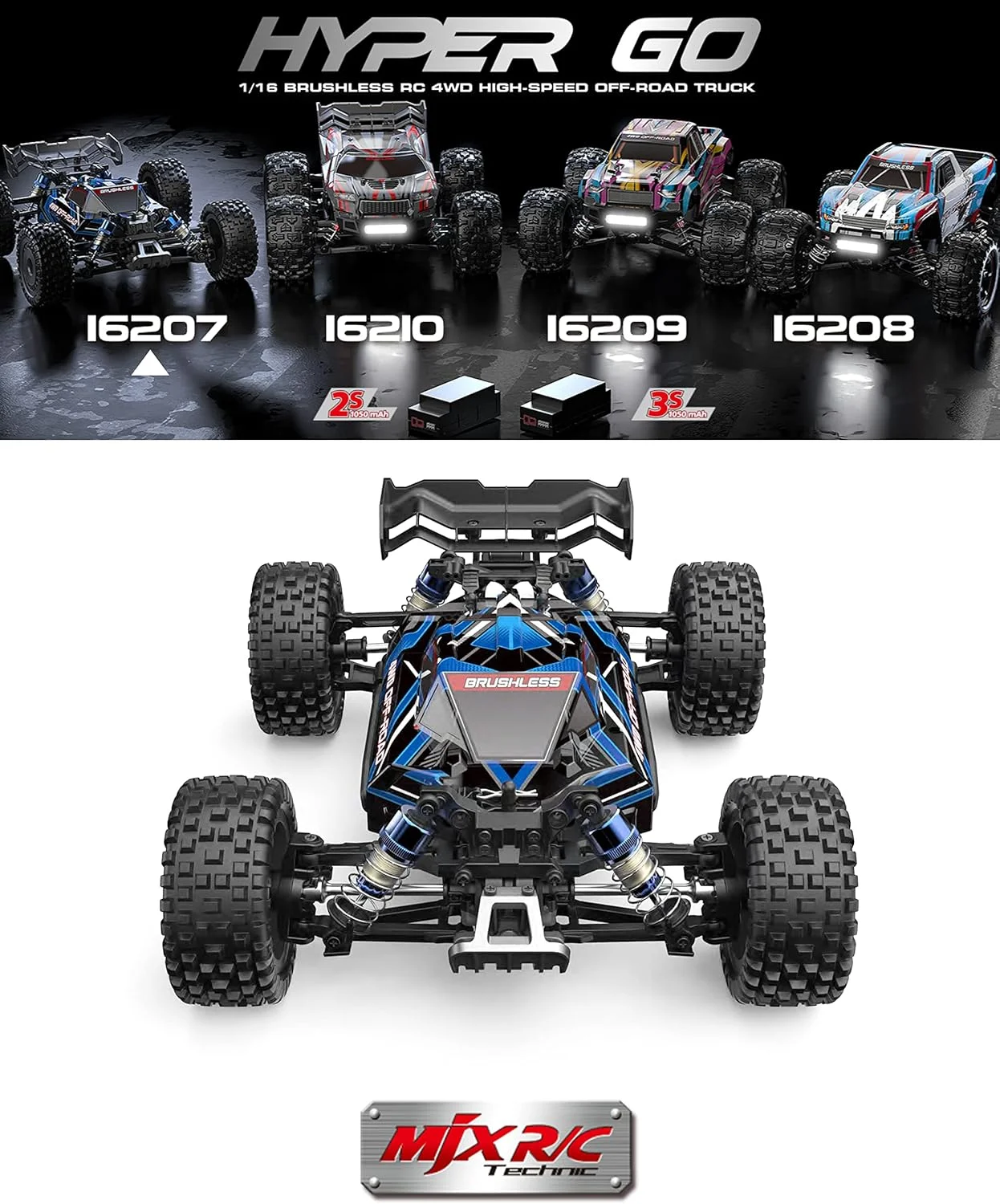 ماشین کنترلی براشلس TesPower MJX Hyper GO 16207 با باتری 3S، مقیاس 1/16 RTR، سرعت 62 کیلومتر در ساعت، ماشین آرسی سریع، ماشین های کنترل از راه دور 4WD مناسب تمام سطوح برای بزرگسالان، باگی آرسی الکتریکی هدیه ای برای بزرگسالان