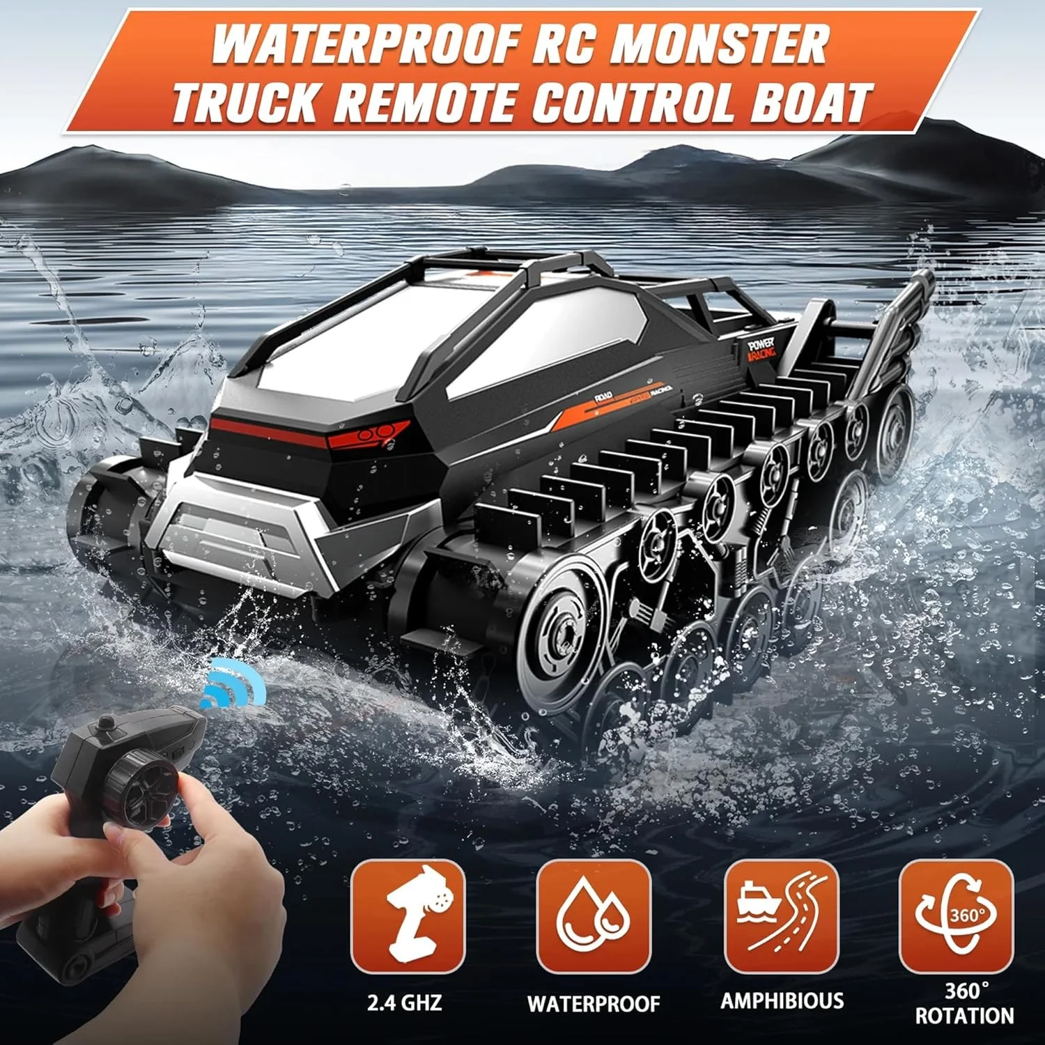 ماشین کنترلی دوزیست Taizz Venture، کامیون هیولا آرسی ضد آب 4WD با فرکانس 2.4 گیگاهرتز، ماشین قایق آفرود برای تمام سطوح، اسباب بازی خزنده تانک با قابلیت چرخش 360 درجه، هدیه تولد برای پسران و دختران (مشکی)