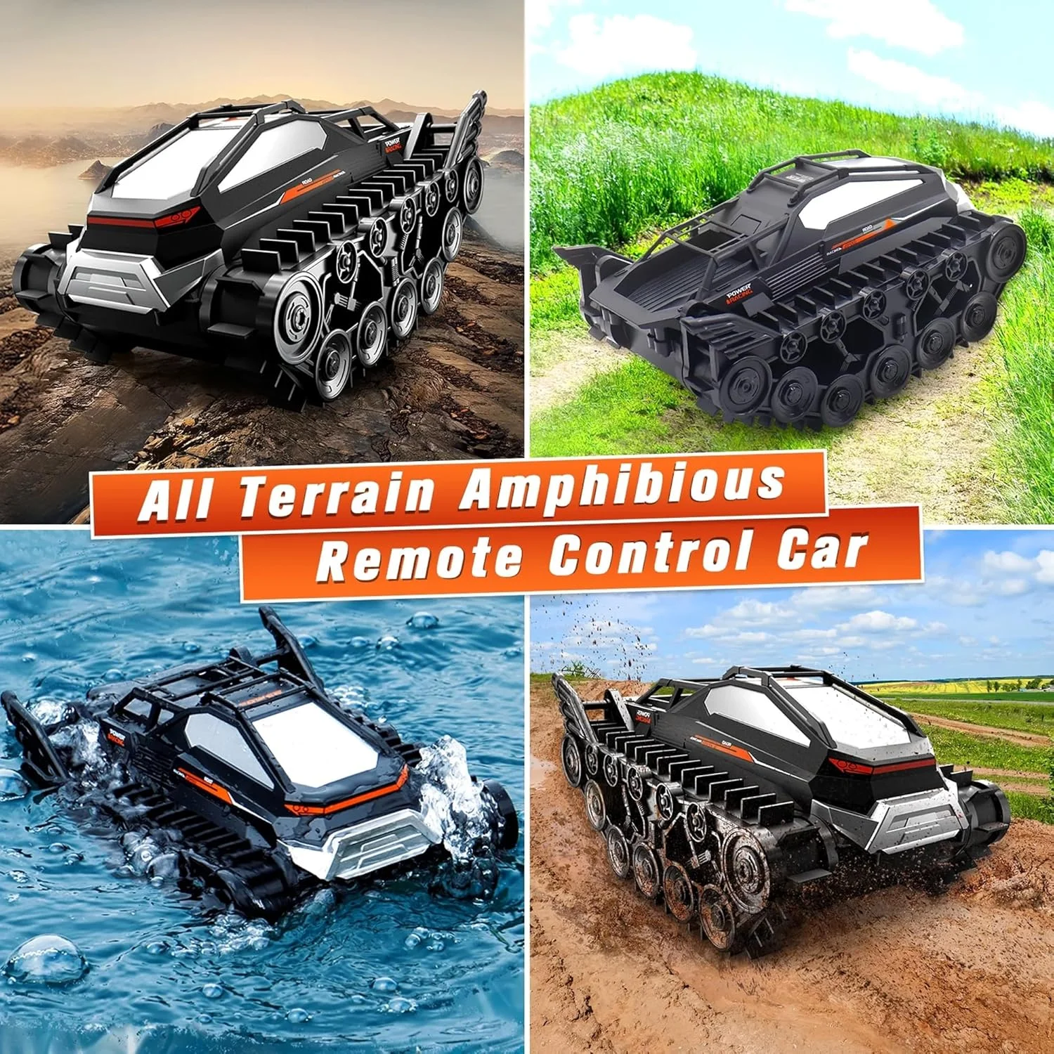 ماشین کنترلی دوزیست Taizz Venture، کامیون هیولا آرسی ضد آب 4WD با فرکانس 2.4 گیگاهرتز، ماشین قایق آفرود برای تمام سطوح، اسباب بازی خزنده تانک با قابلیت چرخش 360 درجه، هدیه تولد برای پسران و دختران (مشکی)