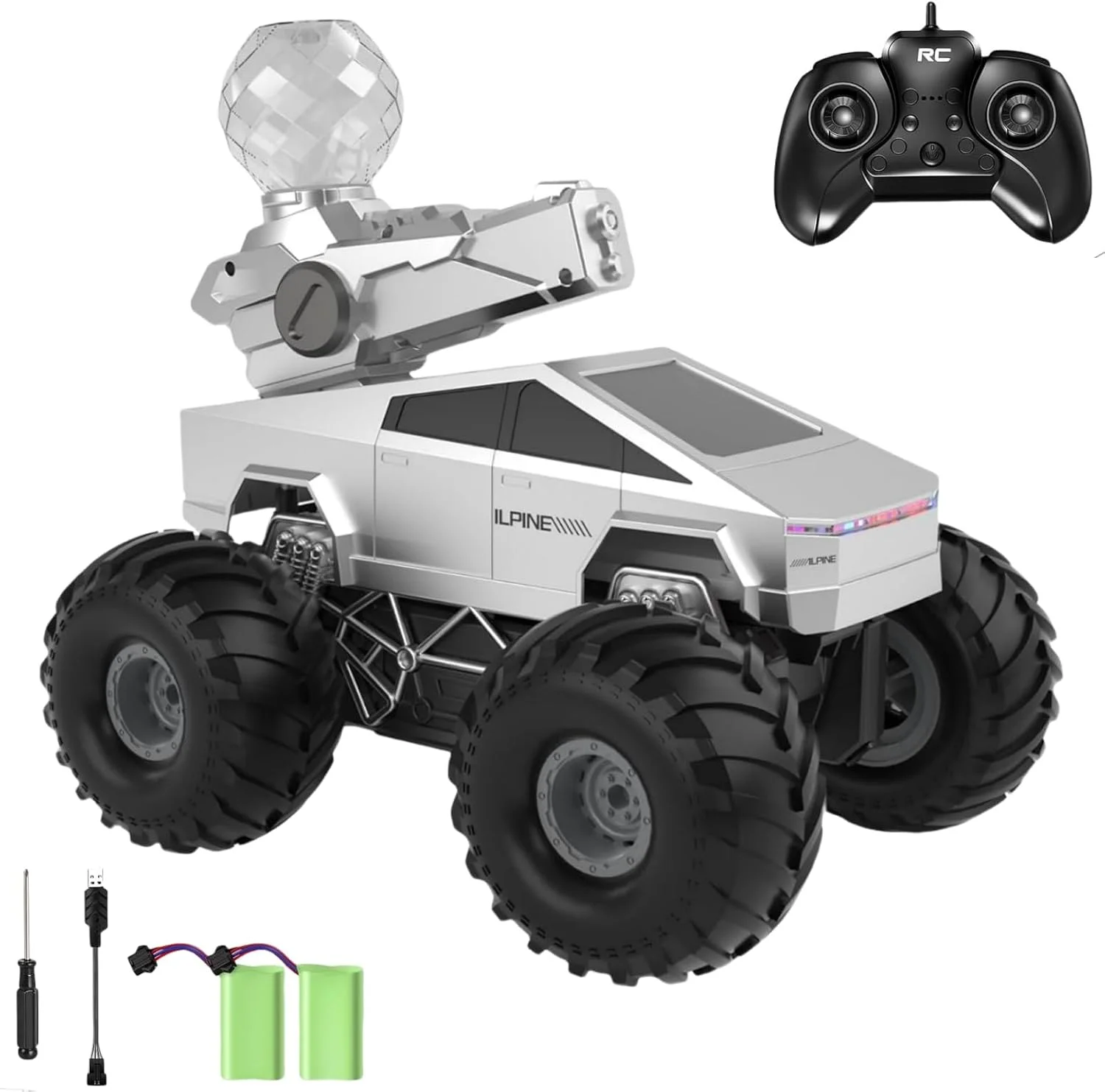 ماشین کنترلی دو زیست ST Soleme.Tc با تفنگ آبپاش - ماشین هیولا کنترلی 1:16 با چراغ LED، پیکاپ آفرود 4WD با فرکانس 2.4 گیگاهرتز، اسباب بازی وسایل نقلیه الکتریکی برای کودکان 6 سال به بالا، نقره ای