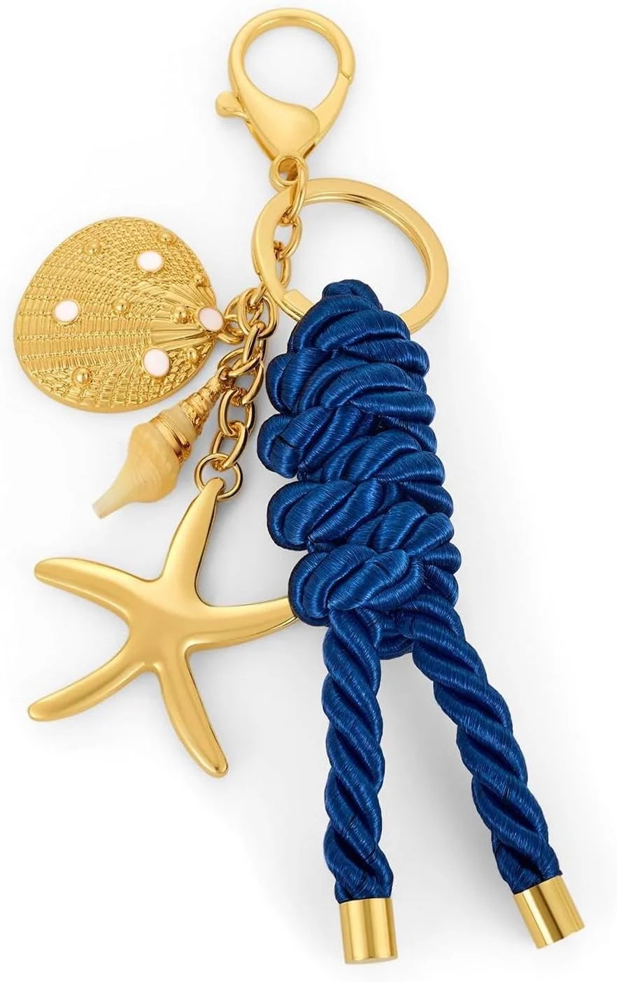 جاکلیدی آویز کیف طرح ستاره دریایی طلایی زنانه، آویز کیف صدف اقیانوسی ساحلی، اکسسوری فشن دست ساز منحصر به فرد، جاکلیدی ماشین به سبک بوهو هدیه برای او، جواهرات تابستانی