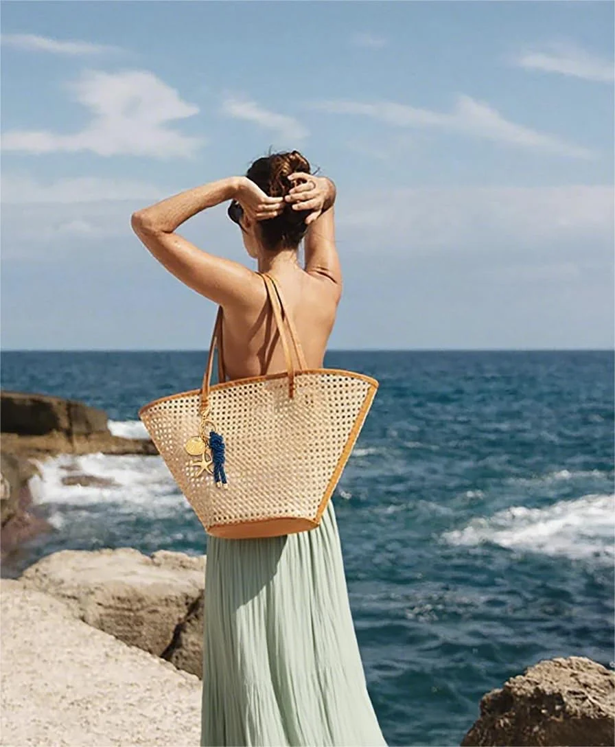 جاکلیدی آویز کیف طرح ستاره دریایی طلایی زنانه، آویز کیف صدف اقیانوسی ساحلی، اکسسوری فشن دست ساز منحصر به فرد، جاکلیدی ماشین به سبک بوهو هدیه برای او، جواهرات تابستانی