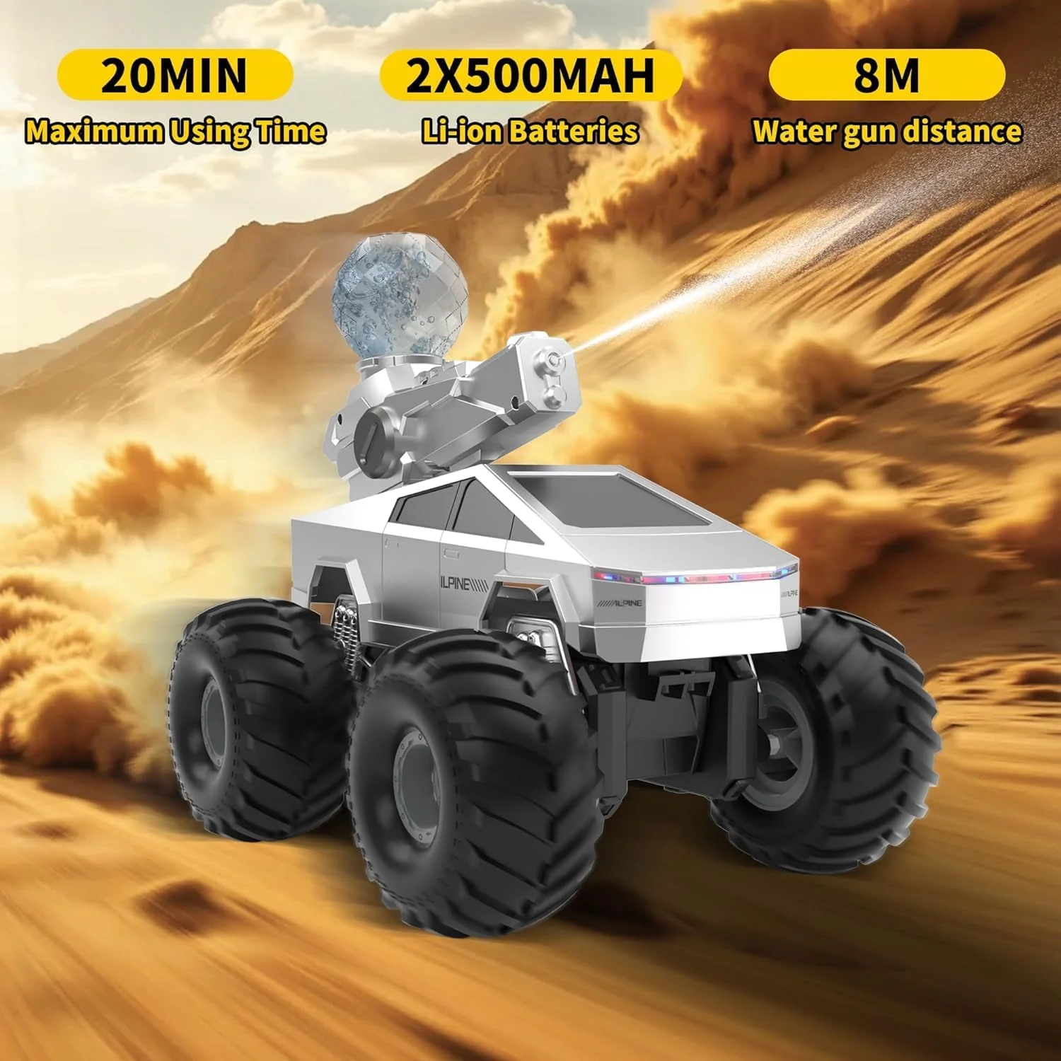 ماشین کنترلی دو زیست ST Soleme.Tc با تفنگ آبپاش - ماشین هیولا کنترلی 1:16 با چراغ LED، پیکاپ آفرود 4WD با فرکانس 2.4 گیگاهرتز، اسباب بازی وسایل نقلیه الکتریکی برای کودکان 6 سال به بالا، نقره ای