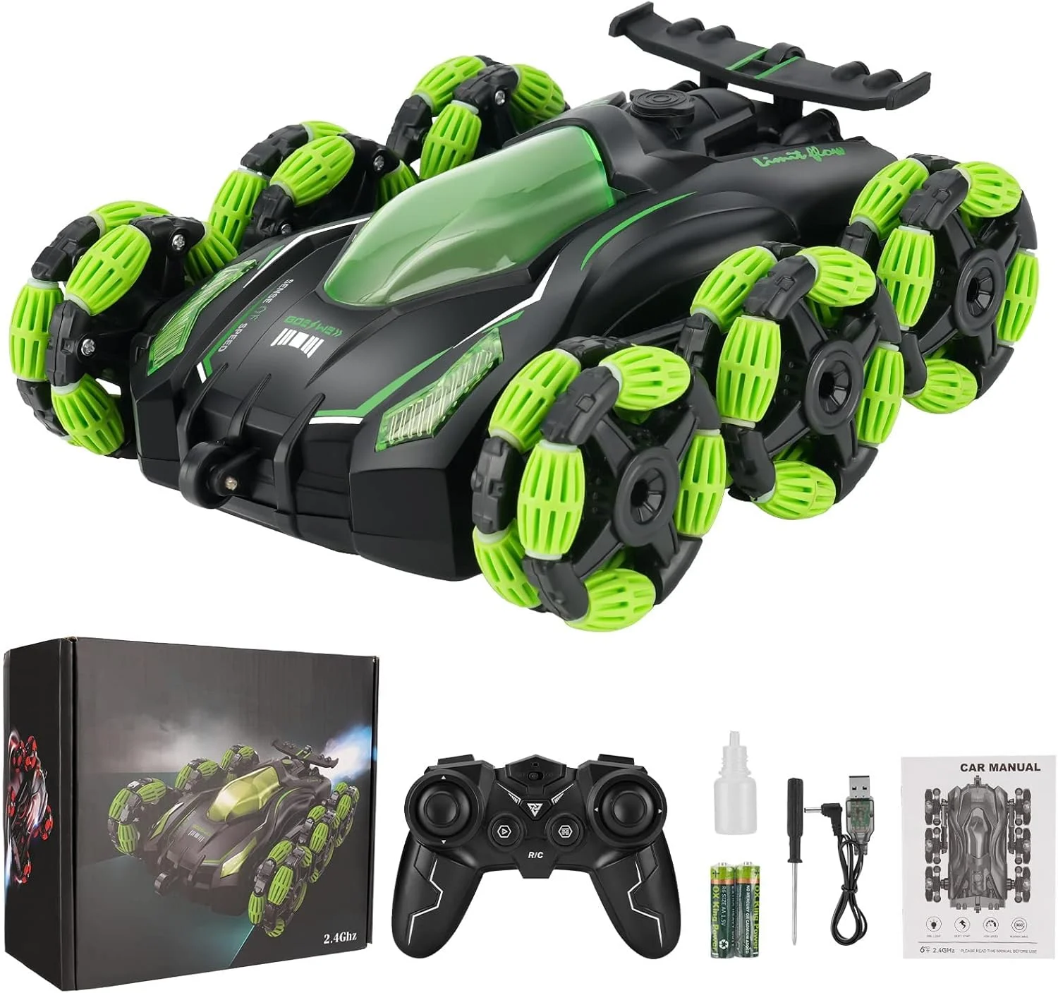 ماشین کنترلی برای کودکان، ماشین های آرسی 6 چرخ محرک 2.4 گیگاهرتزی، اسباب بازی ماشین بدلکاری آرسی با قابلیت چرخش 360 درجه همراه با چراغ، مه پاش، صداهای واقعی، کامیون های غول پیکر برای اسباب بازی های داخل و خارج از منزل هدیه برای پسران و دختران (سبز)