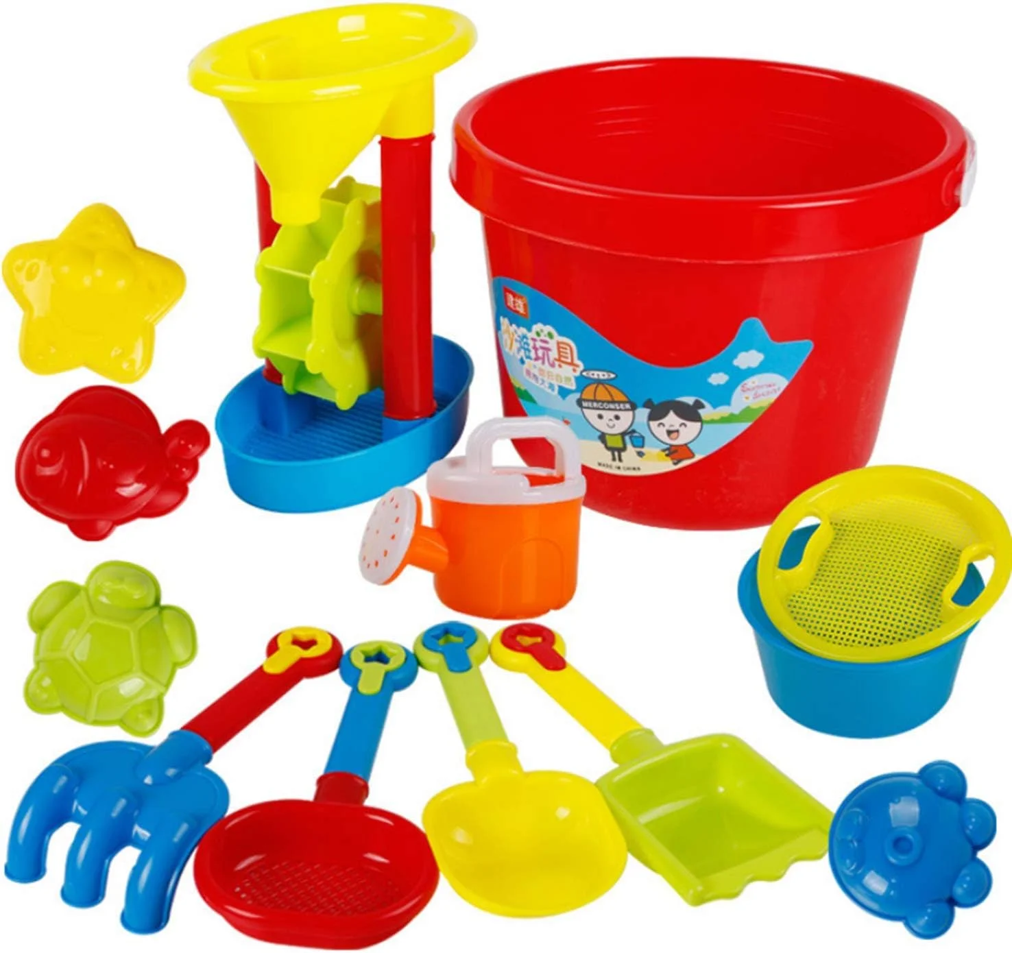 ست اسباب بازی ساحلی 12 تکه Skeido مناسب کودکان و نوزادان برای بازی در فضای باز با سطل، بیل، شن کش و اسباب بازی های آبی