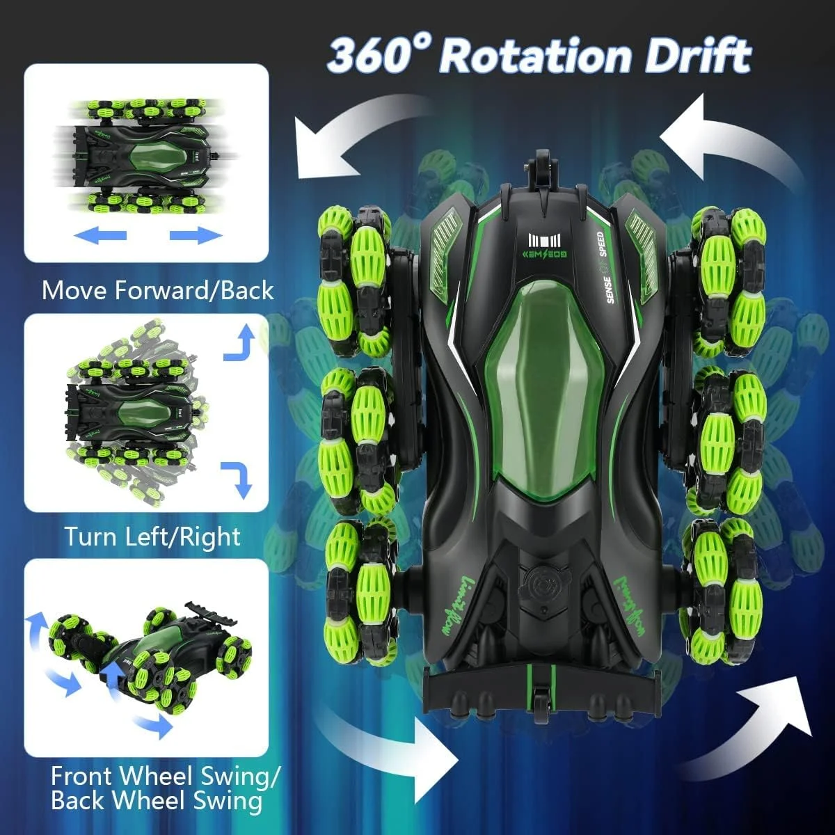 ماشین کنترلی برای کودکان، ماشین های آرسی 6 چرخ محرک 2.4 گیگاهرتزی، اسباب بازی ماشین بدلکاری آرسی با قابلیت چرخش 360 درجه همراه با چراغ، مه پاش، صداهای واقعی، کامیون های غول پیکر برای اسباب بازی های داخل و خارج از منزل هدیه برای پسران و دختران (سبز)