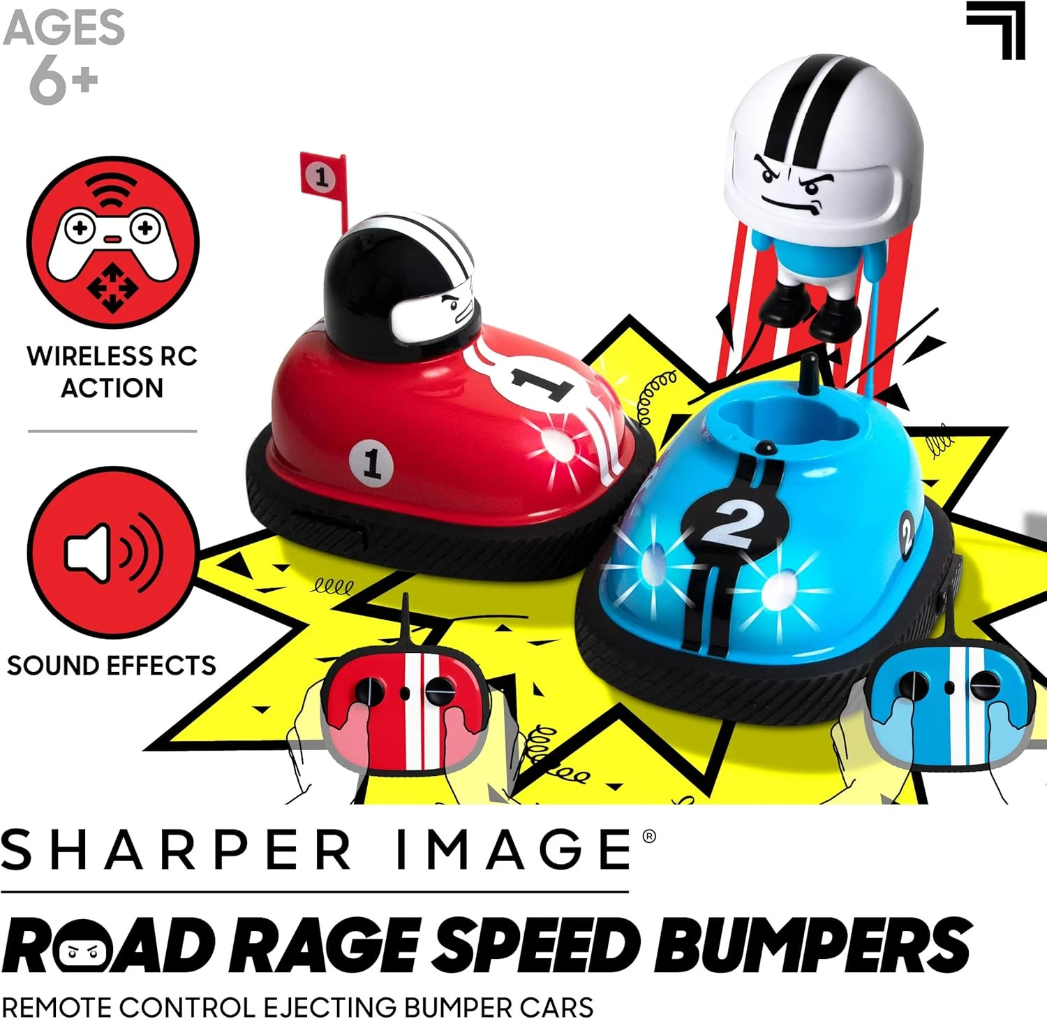 ماشین های کوبنده کنترلی Sharper Image Road Rage، ماشین های کوچک کنترل از راه دور با قابلیت پرتاب سرنشین، نبرد رو در رو 2 نفره، برخورد با حریف، 2.4 گیگاهرتز، قرمز و آبی، مناسب برای 6 سال به بالا