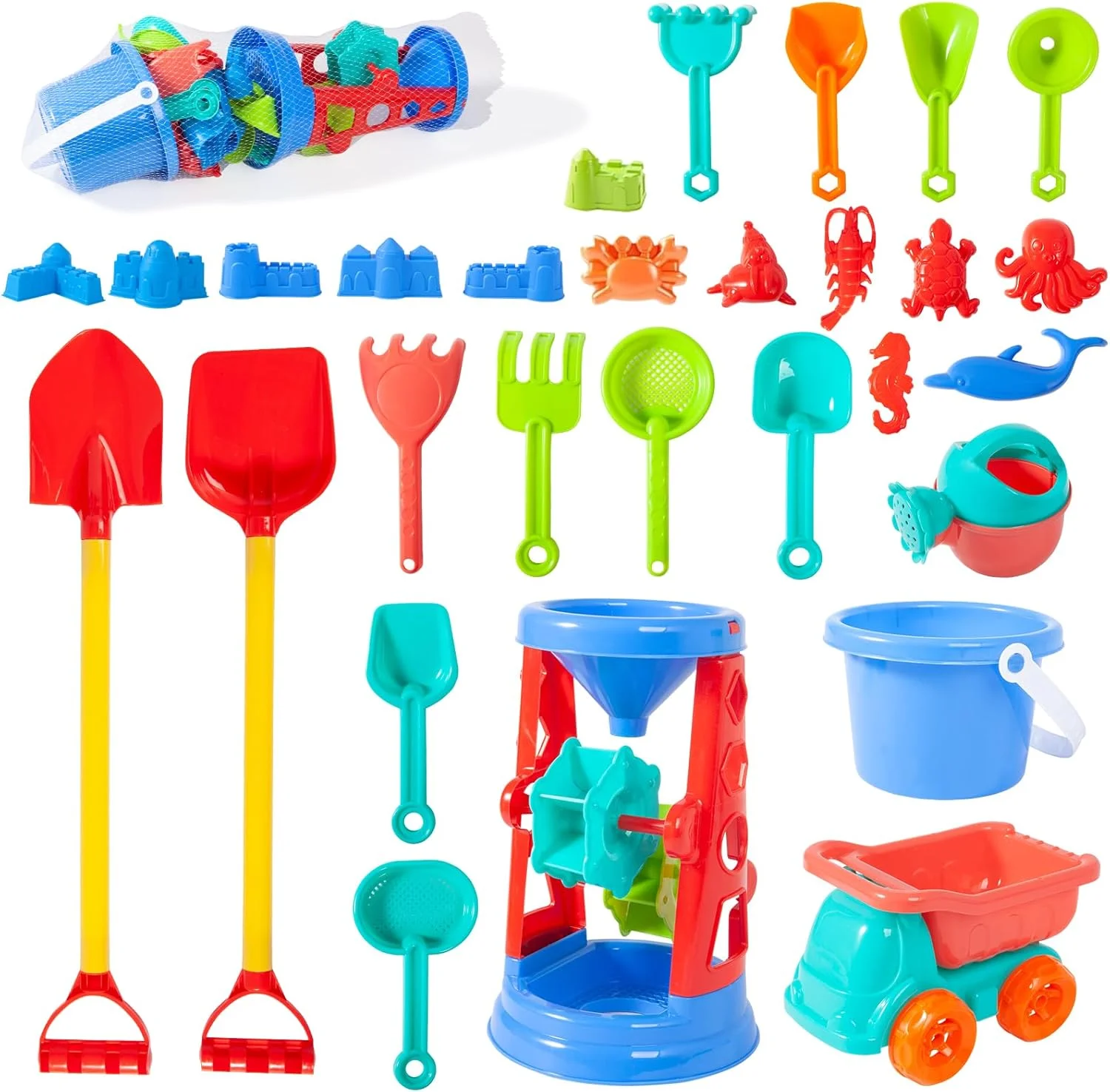 مجموعه اسباب بازی ساحلی 27 تکه، شامل چرخ آبی، آبپاش ساحلی، قالب ها، سطل، قالب شن، بیل، چنگک، مدل ماشین، کیف توری برای مسافرت، اسباب بازی ساحلی برای کودکان 3 تا 12 سال