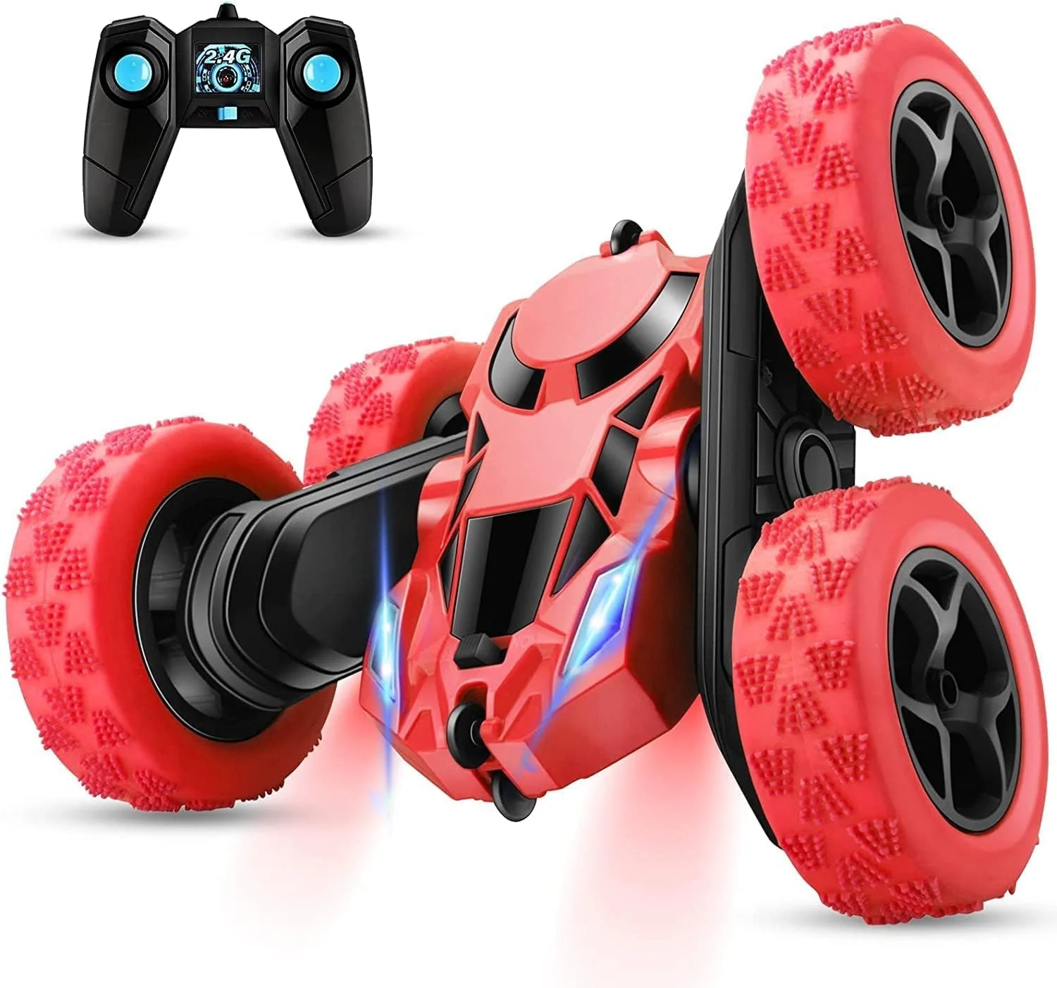 ماشین کنترلی S2C، ماشین اسباب بازی بدلکاری، ماشین کنترلی 4WD 2.4Ghz دو طرفه با قابلیت چرخش 360 درجه به همراه چراغ های جلو، ماشین اسباب بازی مناسب هدیه کریسمس برای پسران/دختران (قرمز)