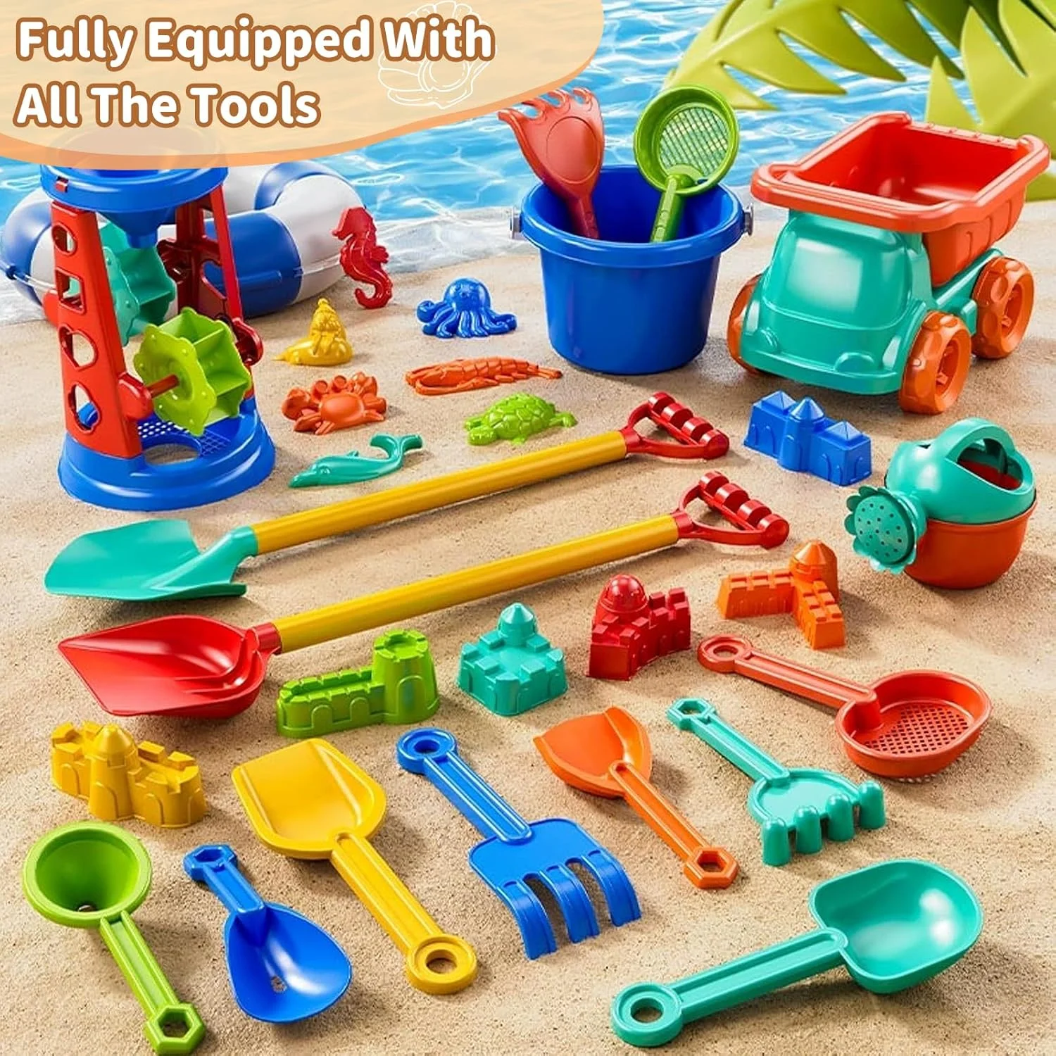 مجموعه اسباب بازی ساحلی 27 تکه، شامل چرخ آبی، آبپاش ساحلی، قالب ها، سطل، قالب شن، بیل، چنگک، مدل ماشین، کیف توری برای مسافرت، اسباب بازی ساحلی برای کودکان 3 تا 12 سال