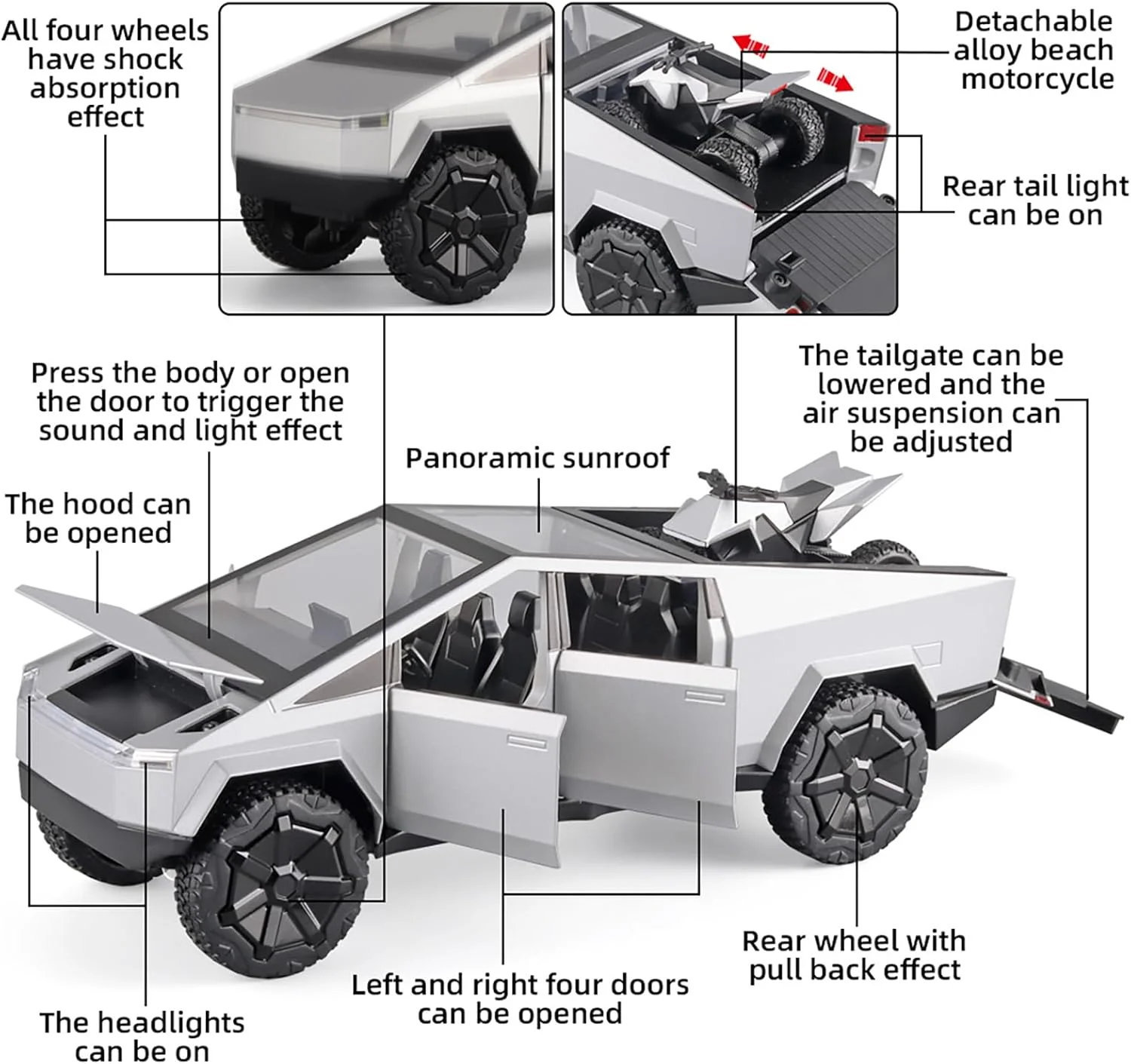ماشین اسباب بازی پسرانه وانت بار OANMYJJO مدل وانت مریخی دایکست فلزی مقیاس 1/24، با قابلیت پخش صدا و نور و عقب کش، مناسب برای کودکان بالای 3 سال به عنوان هدیه تولد (نقره ای، مجهز به موتور سیکلت ساحلی)