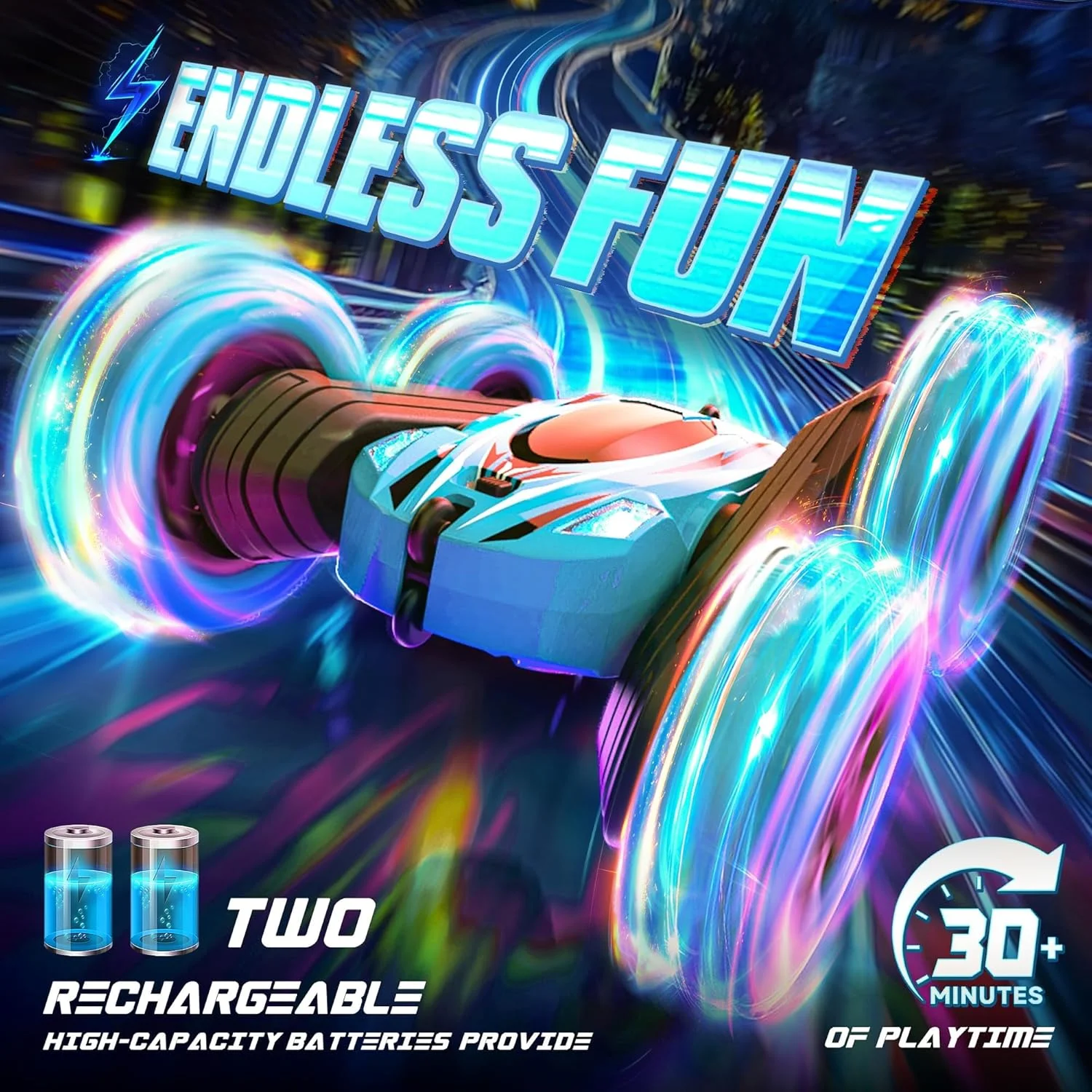 ماشین کنترلی حرکتی OMIRE، ماشین اسباب بازی بدلکاری، 4WD 2.4Ghz دو طرفه 360 درجه چرخان با نوار چراغ جانبی و چراغ های جلو، ماشین اسباب بازی آفرود بدلکاری دو حالته با کنترل از راه دور/ساعت برای کودکان 3-12 سال