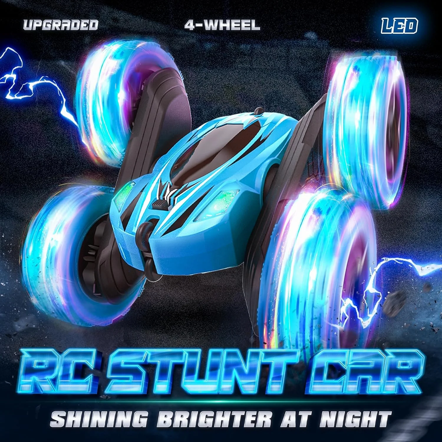 ماشین کنترلی حرکتی OMIRE، ماشین اسباب بازی بدلکاری، 4WD 2.4Ghz دو طرفه 360 درجه چرخان با نوار چراغ جانبی و چراغ های جلو، ماشین اسباب بازی آفرود بدلکاری دو حالته با کنترل از راه دور/ساعت برای کودکان 3-12 سال