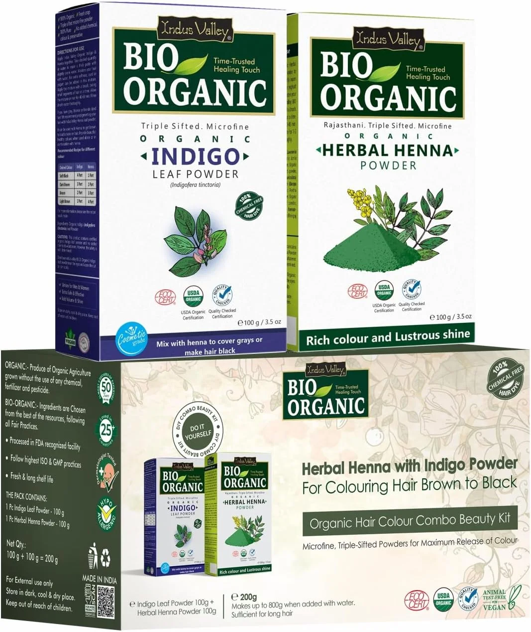 مجموعه رنگ موی گیاهی پودر حنا و پودر نیلی 100% خالص ایندوس ولی | پودر حنا و نیلی گیاهی بدون مواد نگهدارنده برای رنگ کردن طبیعی مو - 100 گرم