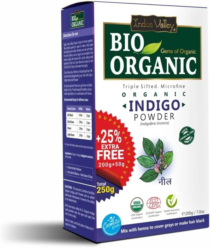 پودر نیلی ارگانیک ایندوس ولی بایو ارگانیک، 100% ارگانیک و گیاهی، برای رنگ کردن طبیعی مو، جلوگیری از سفید شدن زودرس و محافظت از مو در برابر آسیب - (200 گرم + 50 گرم) پودر نیلی ارگانیک ایندوس ولی بایو ارگانیک، 100% ارگانیک و گیاهی، برای رنگ کردن طبیعی مو، جلوگیری از سفید شدن زودرس و محافظت از مو در برابر آسیب - (200 گرم + 50 گرم)