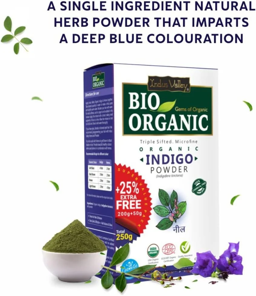 پودر نیلی ارگانیک ایندوس ولی بایو ارگانیک، 100% ارگانیک و گیاهی، برای رنگ کردن طبیعی مو، جلوگیری از سفید شدن زودرس و محافظت از مو در برابر آسیب - (200 گرم + 50 گرم) پودر نیلی ارگانیک ایندوس ولی بایو ارگانیک، 100% ارگانیک و گیاهی، برای رنگ کردن طبیعی مو، جلوگیری از سفید شدن زودرس و محافظت از مو در برابر آسیب - (200 گرم + 50 گرم)