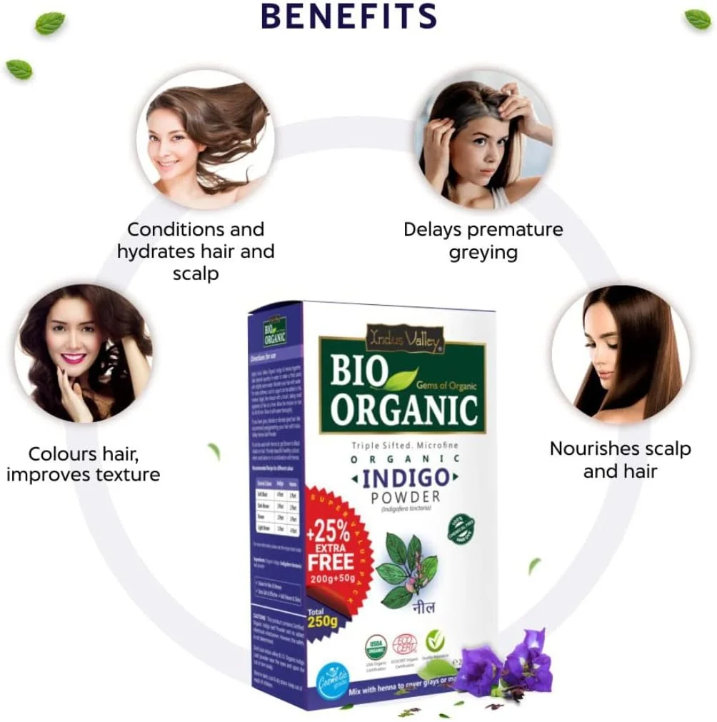 پودر نیلی ارگانیک ایندوس ولی بایو ارگانیک، 100% ارگانیک و گیاهی، برای رنگ کردن طبیعی مو، جلوگیری از سفید شدن زودرس و محافظت از مو در برابر آسیب - (200 گرم + 50 گرم) پودر نیلی ارگانیک ایندوس ولی بایو ارگانیک، 100% ارگانیک و گیاهی، برای رنگ کردن طبیعی مو، جلوگیری از سفید شدن زودرس و محافظت از مو در برابر آسیب - (200 گرم + 50 گرم)