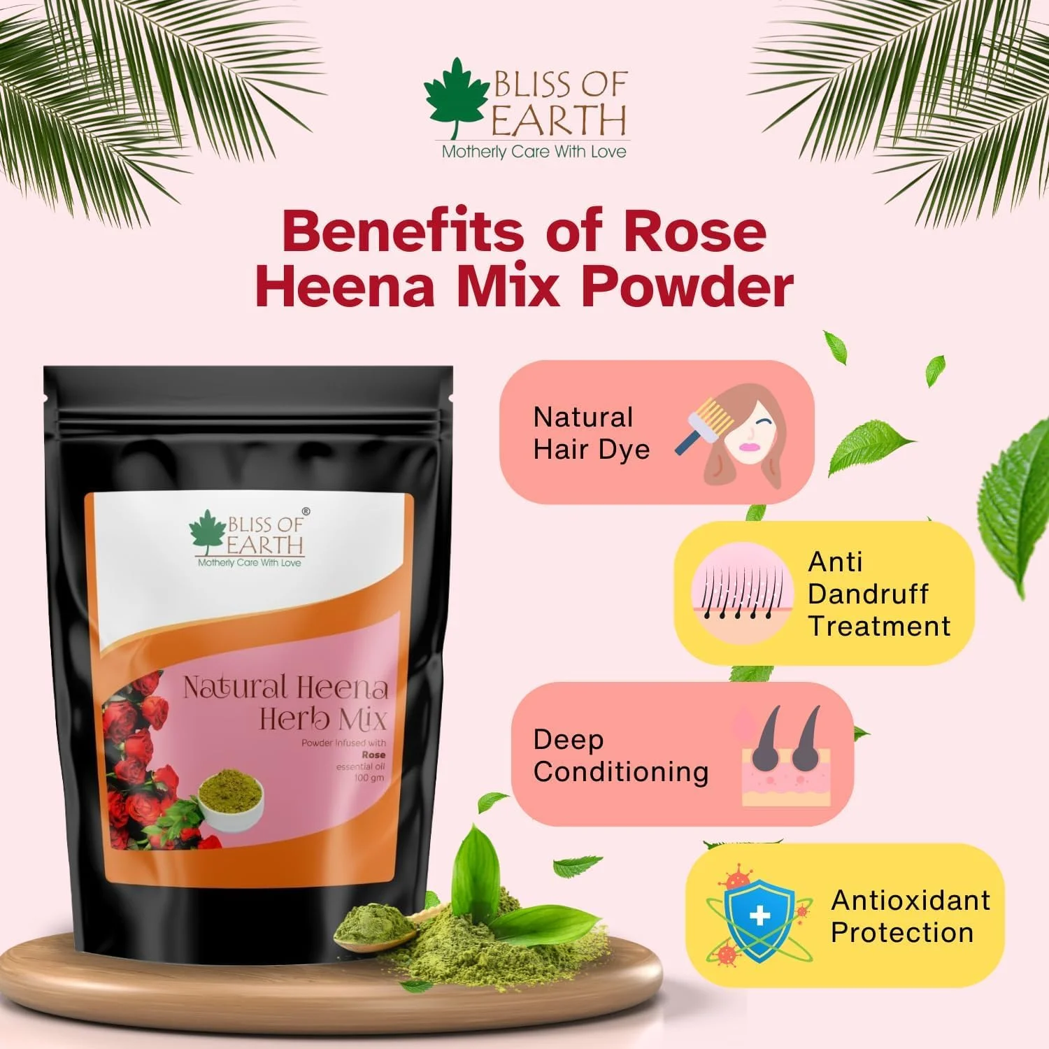 حنای گیاهی بلیس آف ارث برای مو، حنای گل رز مخلوط با گیاهان آمله، چریش، صمغ بابول و روغن اسانس گل رز برای رنگ موی ماندگار، تغذیه مو - 100 گرم حنای گیاهی بلیس آف ارث برای مو، حنای گل رز مخلوط با گیاهان آمله، چریش، صمغ بابول و روغن اسانس گل رز برای رنگ موی ماندگار، تغذیه مو - 100 گرم