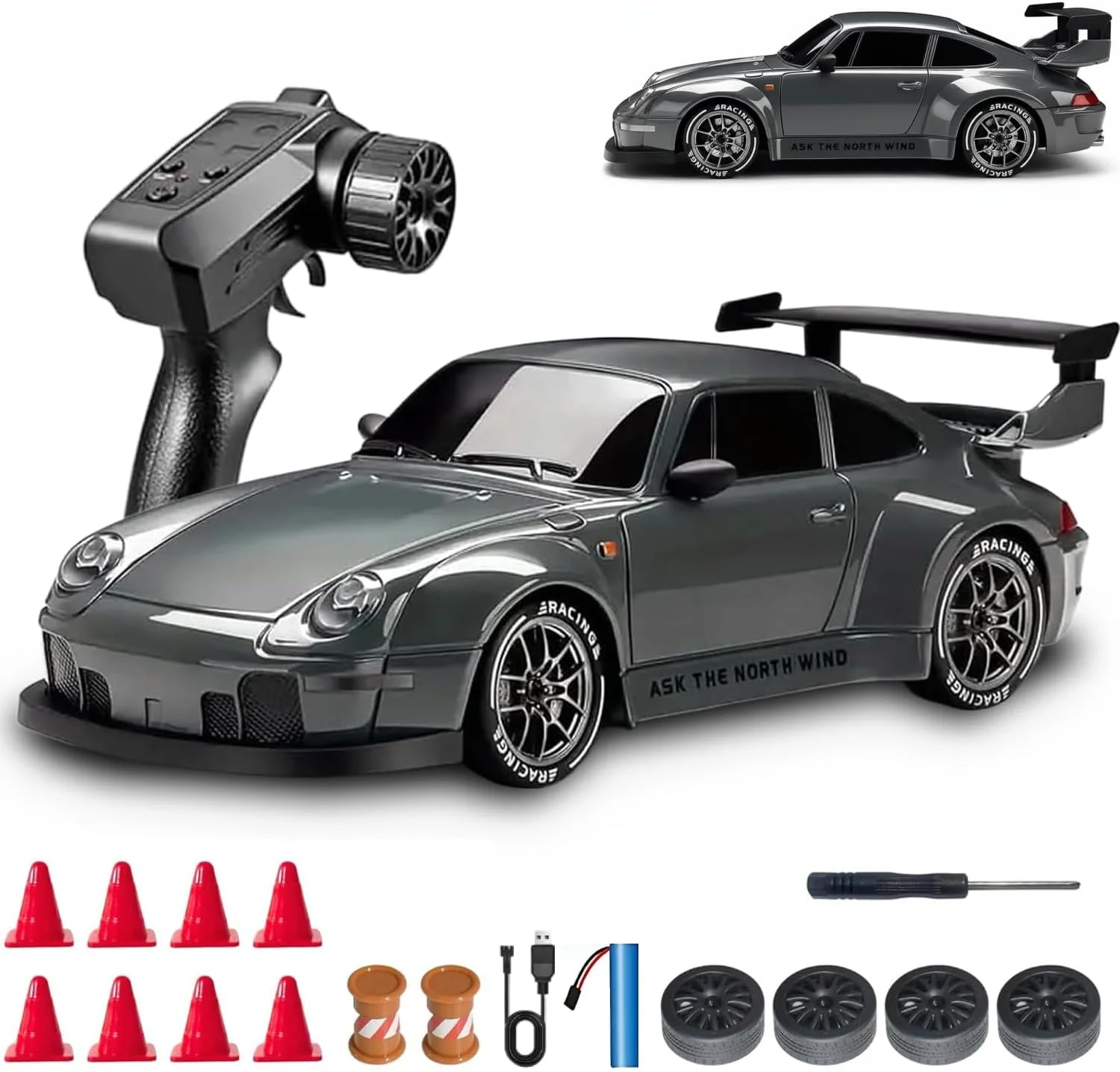 ماشین دریفت آرسی مقیاس 1:24 – ماشین مسابقه ای کنترلی 4WD با سرعت بالا با چراغ های چشمک زن LED، لاستیک های دوگانه مناسب تمام سطوح، شارژ USB و لوازم جانبی برای تفریح ​​نهایی دریفت