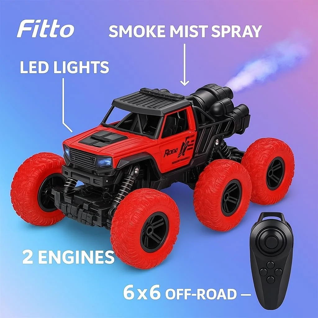 کامیون کنترلی 6X6 فیتو با قابلیت پاشش دود، چراغ‌های LED و 2 موتور، ماشین کنترلی قرمز