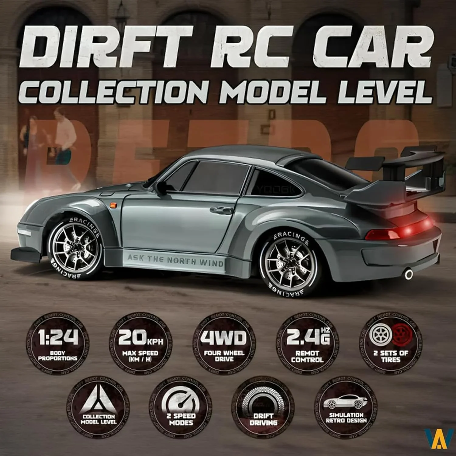 ماشین دریفت آرسی مقیاس 1:24 – ماشین مسابقه ای کنترلی 4WD با سرعت بالا با چراغ های چشمک زن LED، لاستیک های دوگانه مناسب تمام سطوح، شارژ USB و لوازم جانبی برای تفریح ​​نهایی دریفت