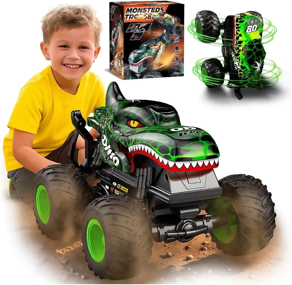 ماشین کنترلی طرح دایناسور تراک با قابلیت اسپری بخار | سرعت بالا 2.4 گیگاهرتز 20+ کیلومتر در ساعت، مناسب تمام سطوح | ماشین آفرود کنترلی با چراغ های LED و موزیک | هدیه اسباب بازی برای پسران و دختران 4 تا 12 سال