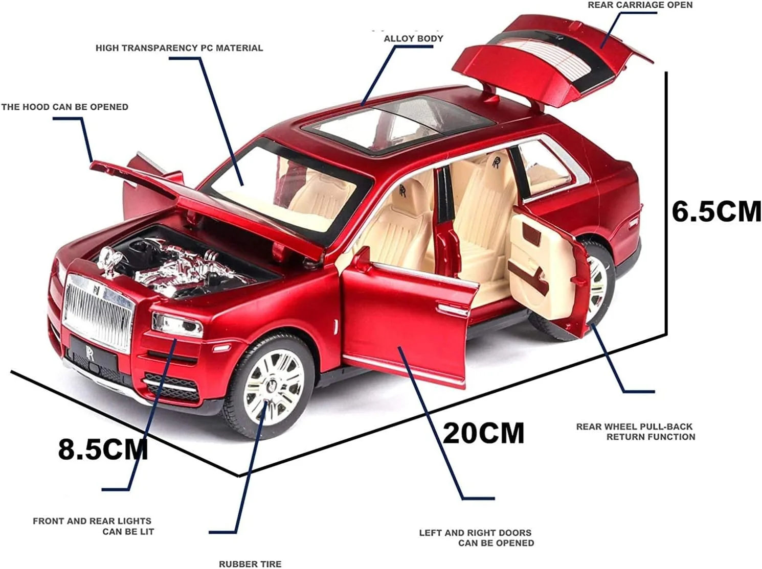 مدل ماشین کلاسیک CZYNB مقیاس 1:24 آلیاژی رولز رویس کولینان با قابلیت باز شدن 6 درب، صدا و نور، عقب کشیدنی، اسباب بازی مدل ماشین برای کودکان، بزرگسالان، دکوراسیون، جعبه هدیه (رنگ: قرمز)