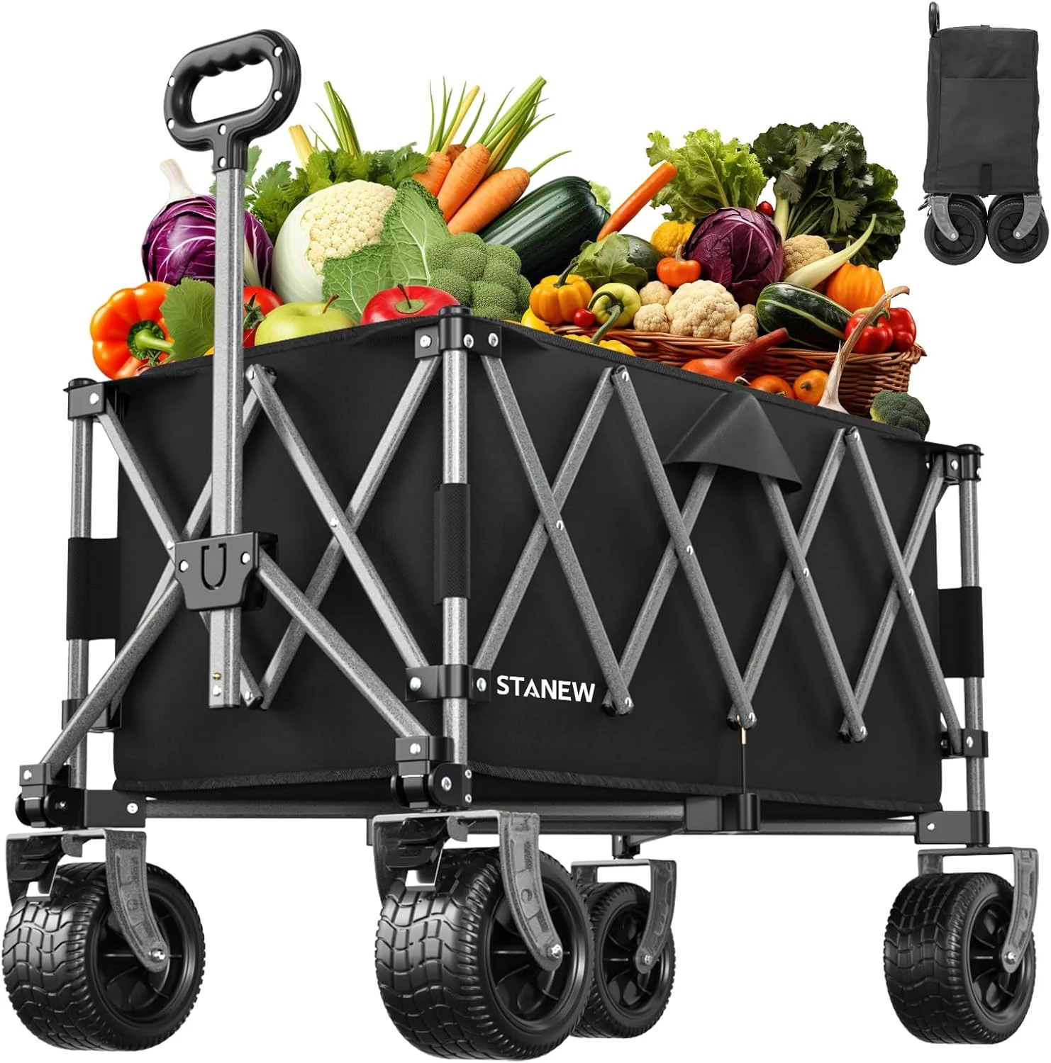 واگن تاشو چند منظوره، چرخ دستی تاشو سنگین استانیو مناسب باغ/ساحل با ظرفیت تحمل وزن 150 کیلوگرم، واگن خرید فضای باز با دسته قابل تنظیم و ترمز برای چرخ دستی پیک نیک صحرایی - (190 لیتر)