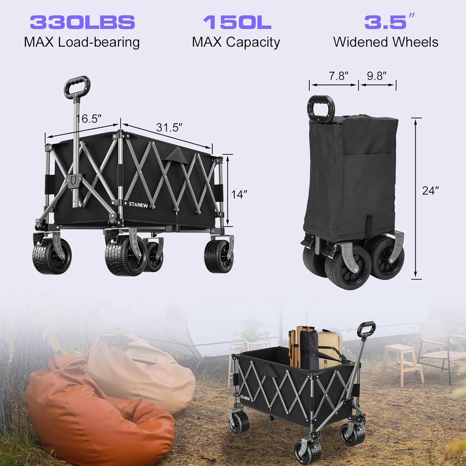 واگن تاشو چند منظوره، چرخ دستی تاشو سنگین استانیو مناسب باغ/ساحل با ظرفیت تحمل وزن 150 کیلوگرم، واگن خرید فضای باز با دسته قابل تنظیم و ترمز برای چرخ دستی پیک نیک صحرایی - (190 لیتر)