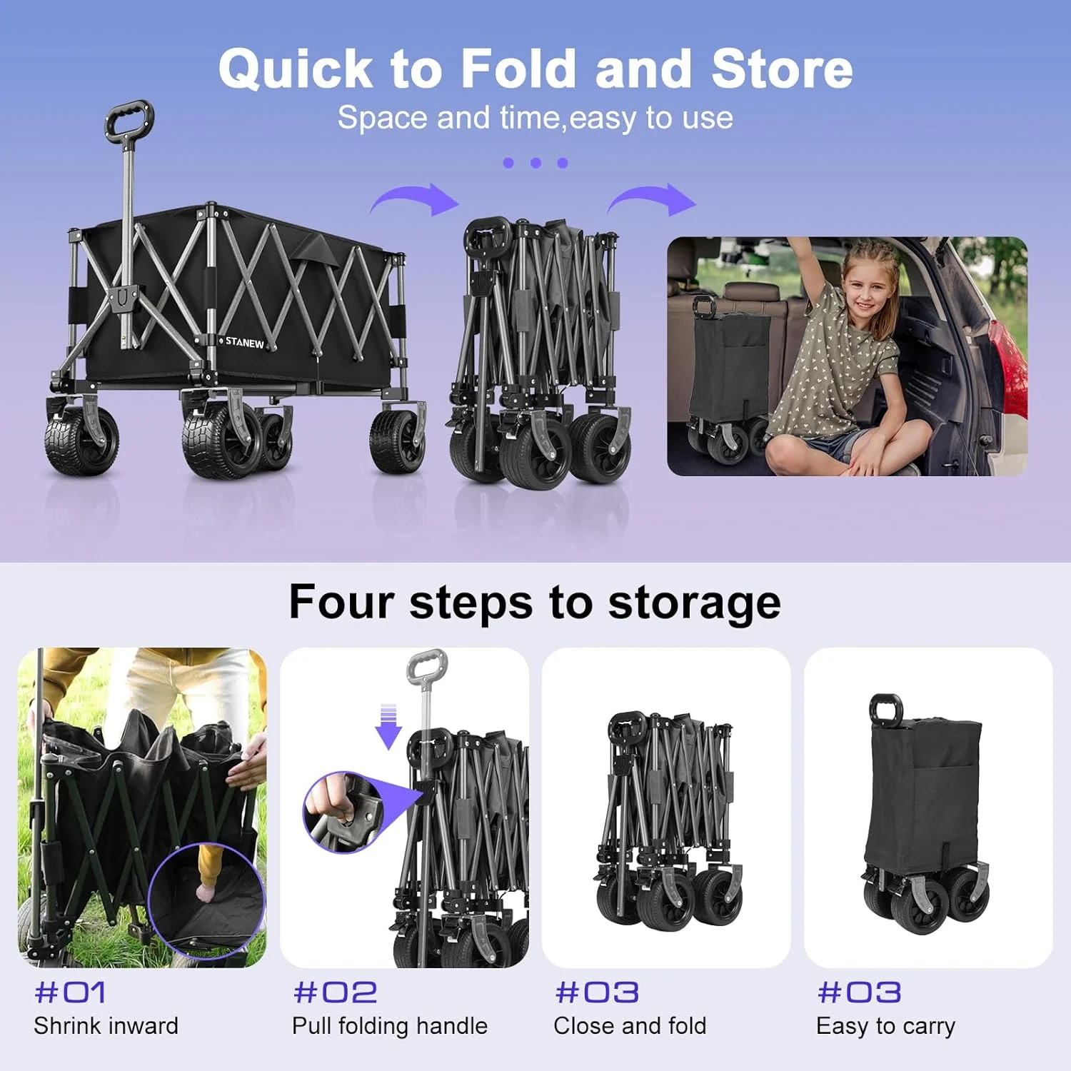 واگن تاشو چند منظوره، چرخ دستی تاشو سنگین استانیو مناسب باغ/ساحل با ظرفیت تحمل وزن 150 کیلوگرم، واگن خرید فضای باز با دسته قابل تنظیم و ترمز برای چرخ دستی پیک نیک صحرایی - (190 لیتر)