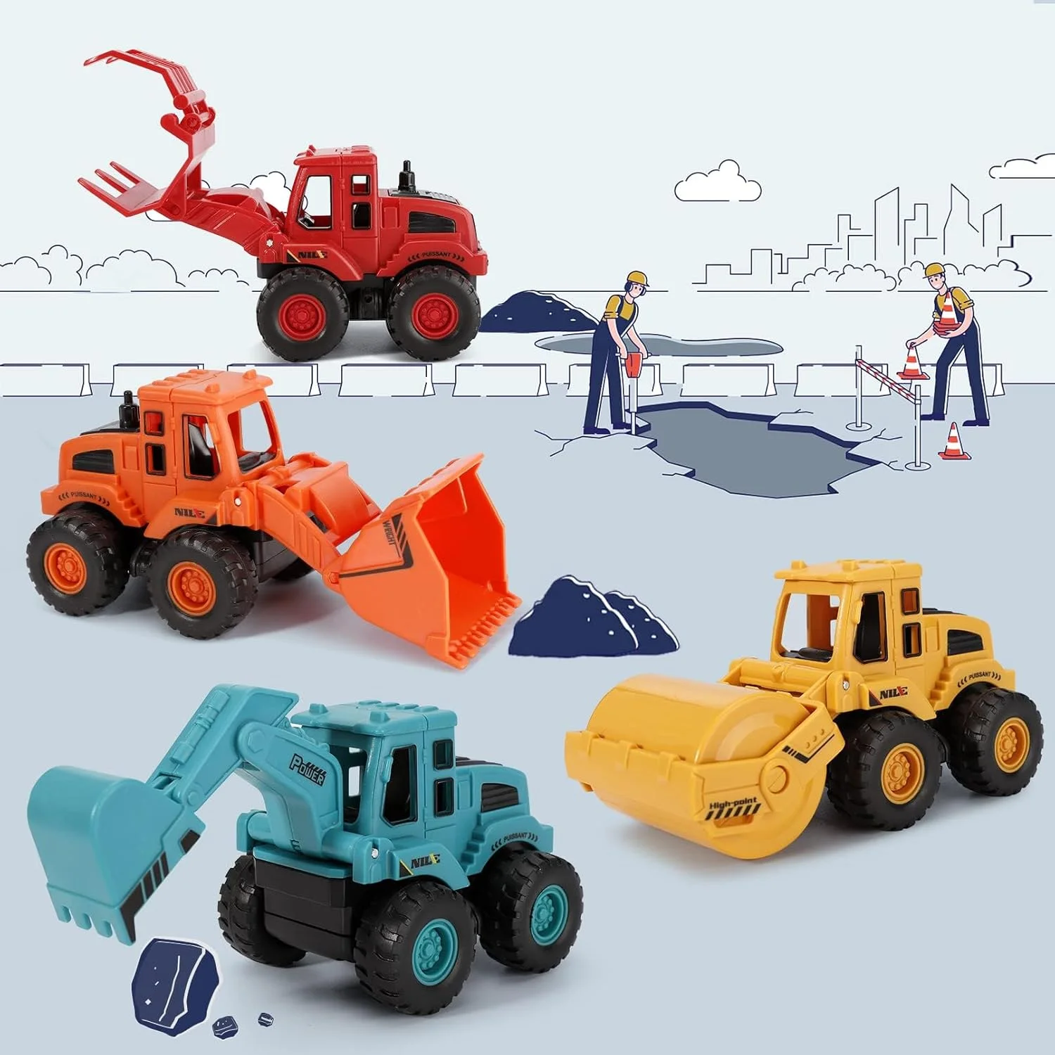 اسباب بازی های ساختمانی، وسایل نقلیه کامیون ساختمانی اصطکاکی، اسباب بازی های کامیون شن و ماسه ساختمانی فشاری، اسباب بازی های فضای باز با بولدوزر بیل مکانیکی کامیون غلتکی هدیه برای پسران 3-8 ساله (4 عدد)