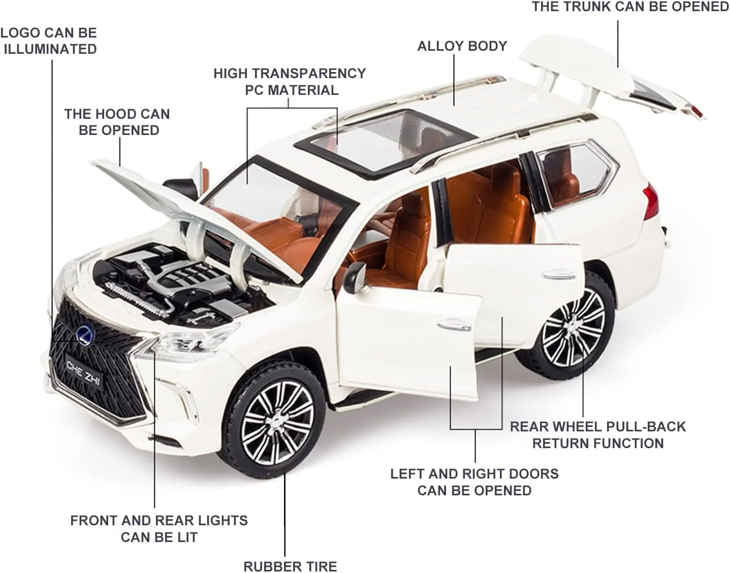 مدل ماشین دایکست BHYDRY مقیاس 1/24 - ماشین اسباب بازی عقب کش آلیاژ روی با صدا و نور، ماشین کلکسیونی اسباب بازی برای بزرگسالان و پسران دختران (سفید)