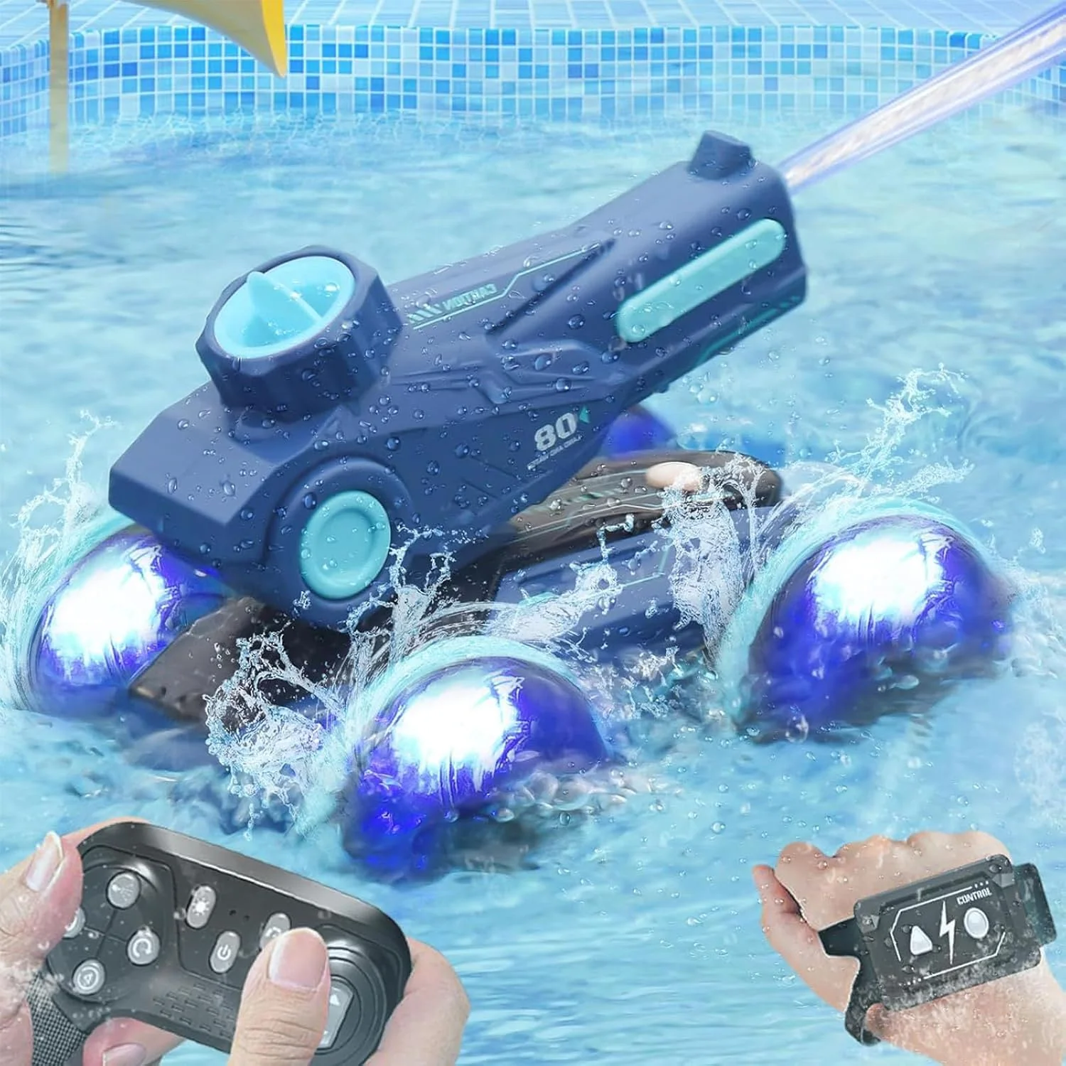ماشین قایق آبی خاکی کنترلی Beauenty، ماشین بدلکاری RC با حسگر حرکتی، چراغ‌ها، 4WD، چرخش 360 درجه، اسباب بازی های استخر تابستانی - برای کودکان 6 سال به بالا، تفریح ​​ساحل و استخر، ایده آل برای پسران و دختران