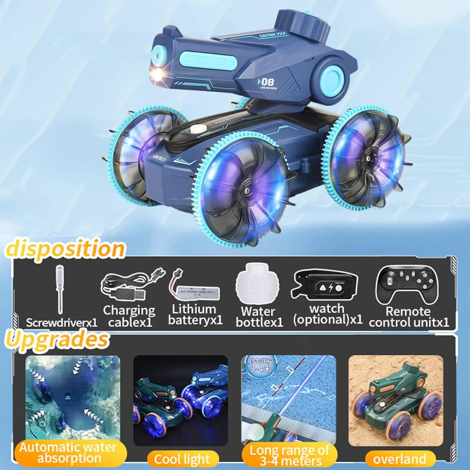 ماشین قایق آبی خاکی کنترلی Beauenty، ماشین بدلکاری RC با حسگر حرکتی، چراغ‌ها، 4WD، چرخش 360 درجه، اسباب بازی های استخر تابستانی - برای کودکان 6 سال به بالا، تفریح ​​ساحل و استخر، ایده آل برای پسران و دختران