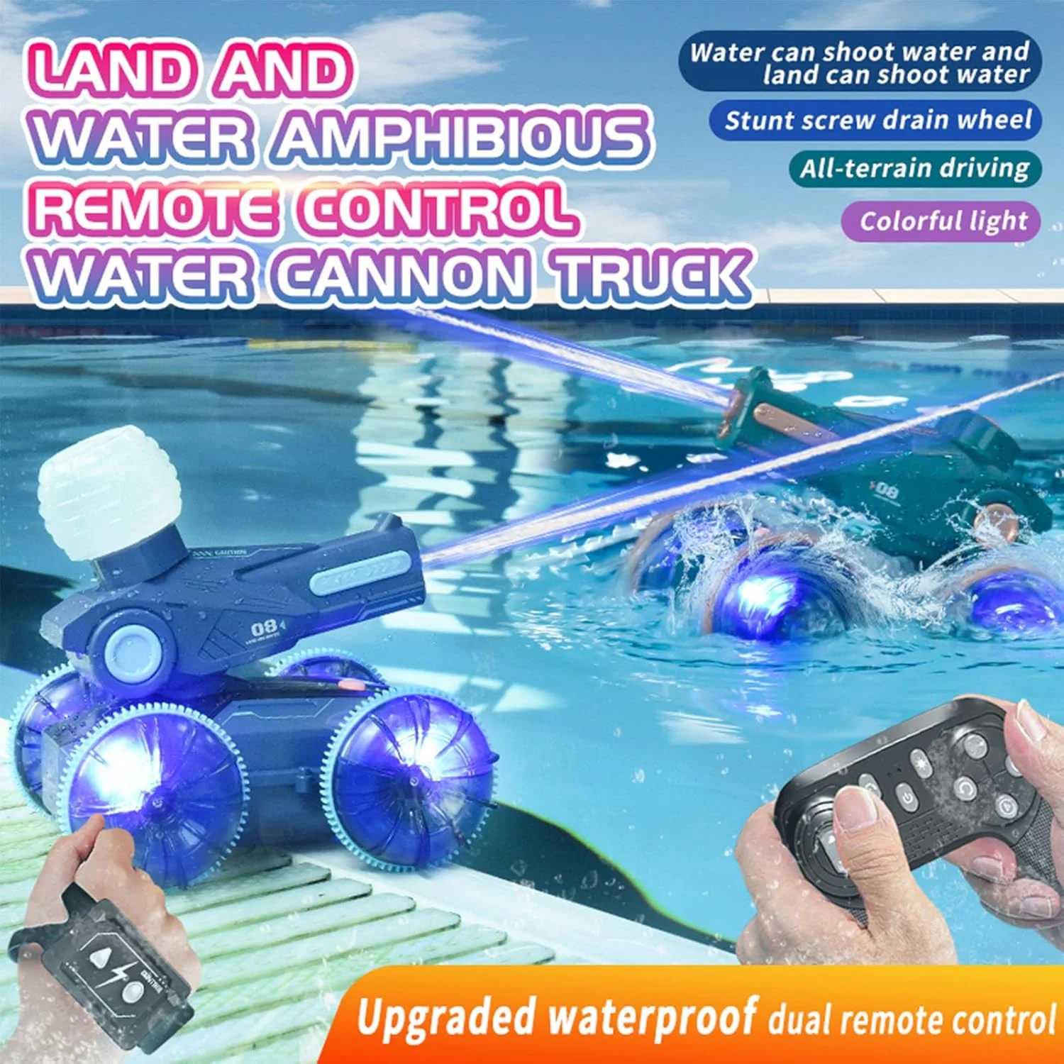 ماشین قایق آبی خاکی کنترلی Beauenty، ماشین بدلکاری RC با حسگر حرکتی، چراغ‌ها، 4WD، چرخش 360 درجه، اسباب بازی های استخر تابستانی - برای کودکان 6 سال به بالا، تفریح ​​ساحل و استخر، ایده آل برای پسران و دختران