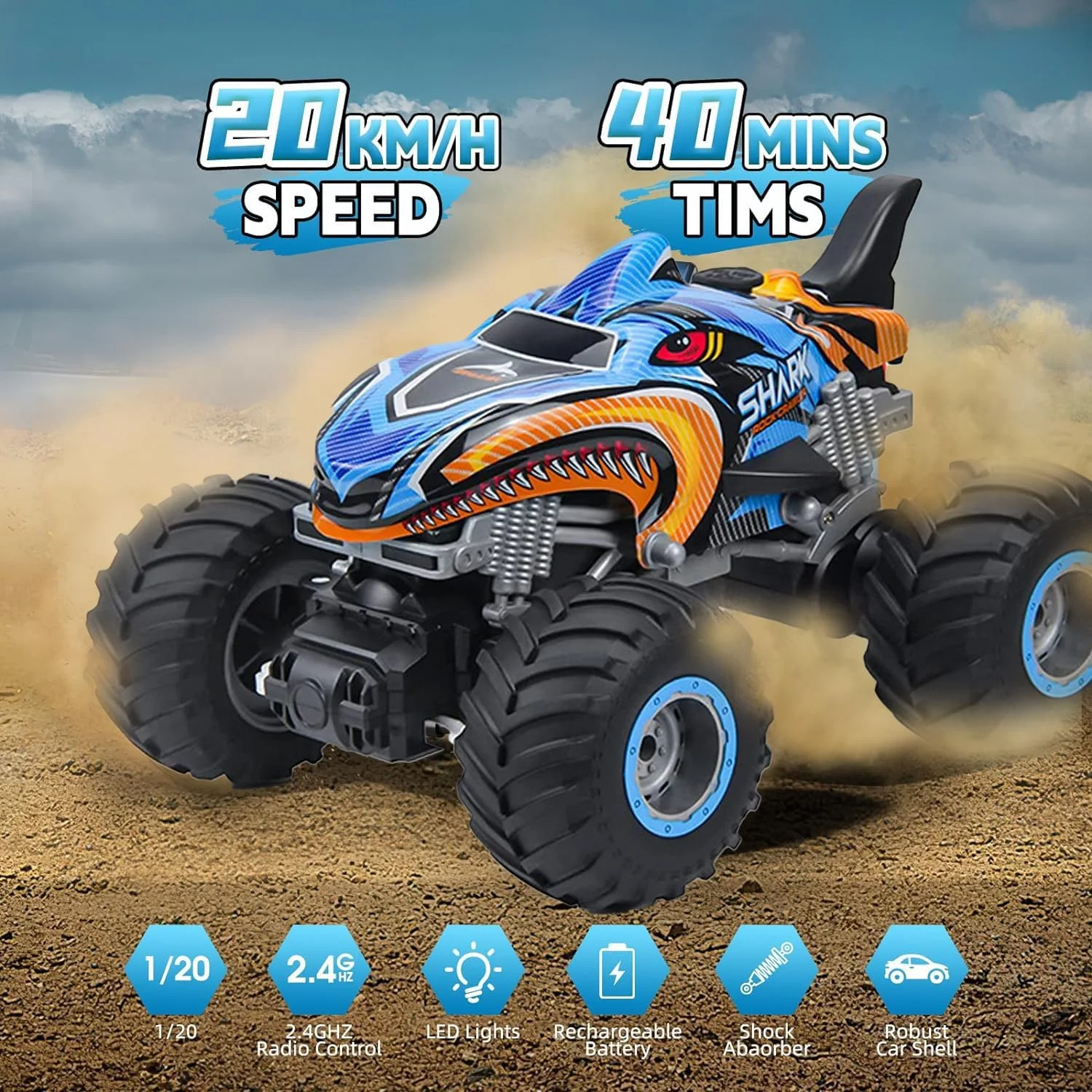 ماشین کنترلی هیولا AquaFalcon، کامیون هیولا کنترلی تمام زمینی 2.4 گیگاهرتز، ماشین هیولا دایناسوری RC، کامیون هیولا RC موزیکال و اسپری دار برای پسران 4-7 8-12 و دختران، هدیه تولد برای کودکان