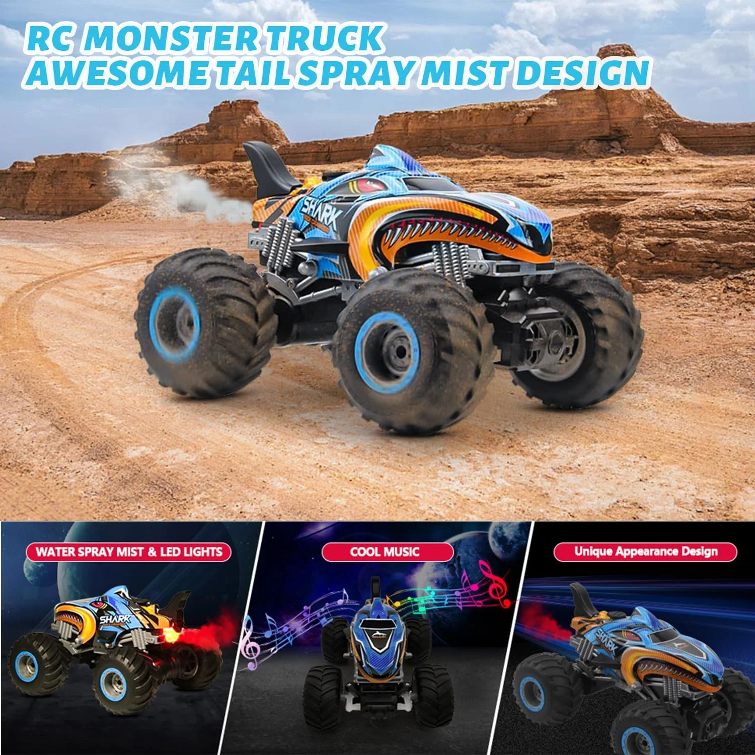 ماشین کنترلی هیولا AquaFalcon، کامیون هیولا کنترلی تمام زمینی 2.4 گیگاهرتز، ماشین هیولا دایناسوری RC، کامیون هیولا RC موزیکال و اسپری دار برای پسران 4-7 8-12 و دختران، هدیه تولد برای کودکان